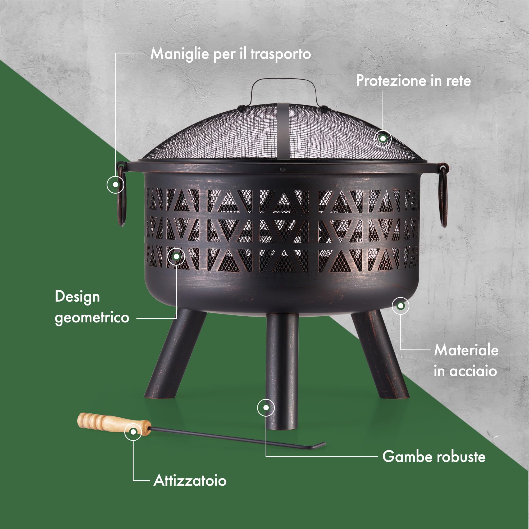 Vonhaus Braciere per esterni, giardino e patio – portatile e leggero, in acciaio bronzato marrone, attizzatoio, rete protettiva e maniglie, legna o carbone (Design Geometrico in Marrone)