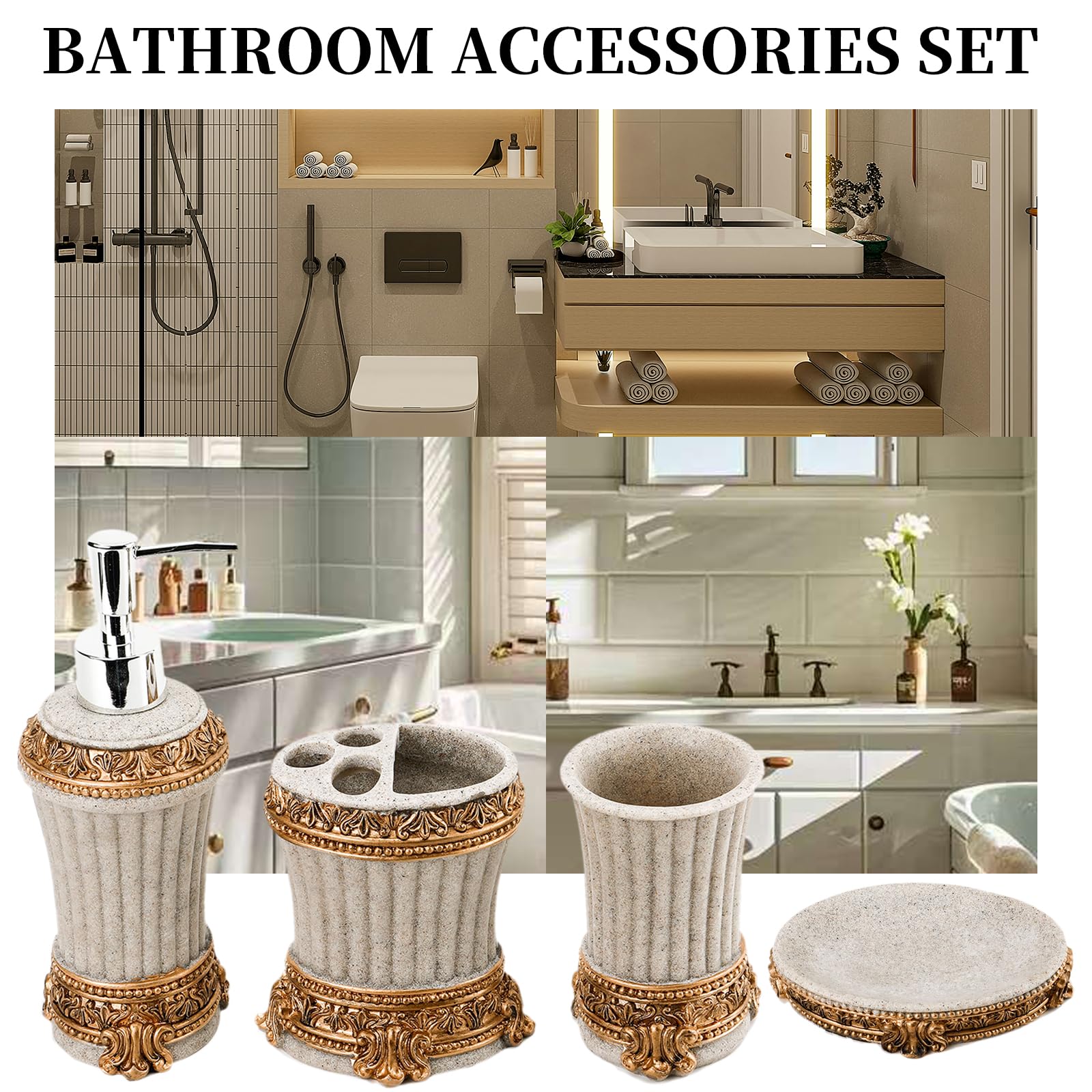 Juego de accesorios de baño de resina, vaso para cepillo de dientes, jabonera, soporte para cepillos de dientes, dispensador de jabón, juego completo de baño, accesorios de baño de granja boho
