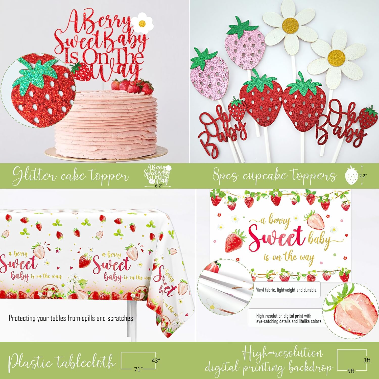 Strawberry Baby Shower Decorations Party Supplies, A Berry Sweet Baby Is On The Way Decor, It's a Girl Gender Reveal, Baby Shower Backdrop Balloon Arch Box Mom to Be Sash Tablecloths Cake Topper
