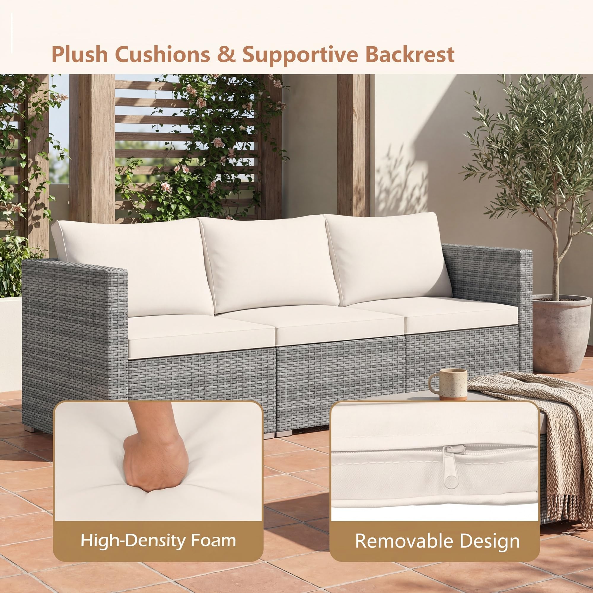 LIFEZEAL Canapé de Jardin 3 Places Rotin PE Charge 540 KG Modulable Beige
