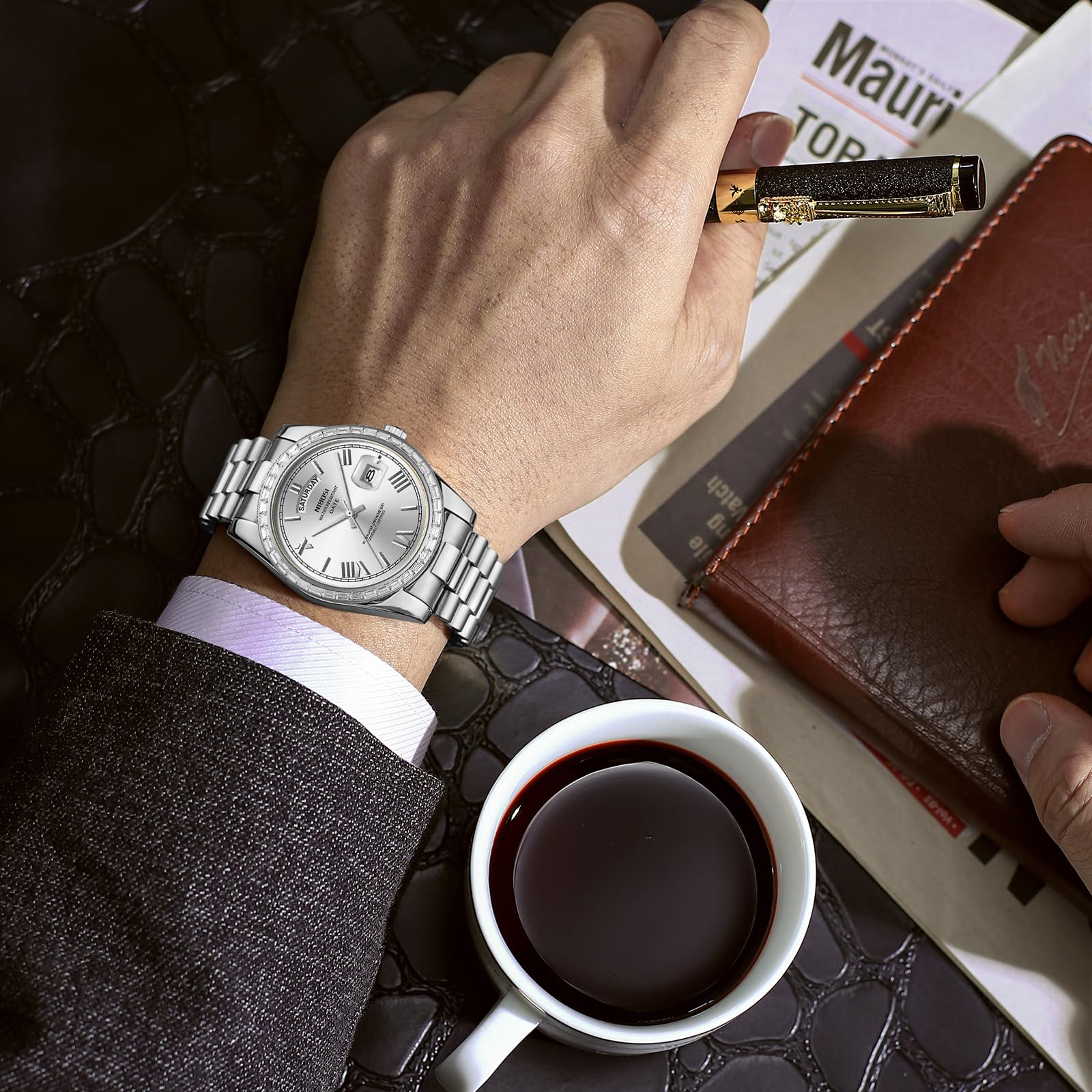 NIBOSI Men's Watches Analog Quartz Diamond Bezel Stainless Steel Dial Rose Gold Silver Watches for Men Waterproof Business Classic Dress Wrist Watch with Day Date