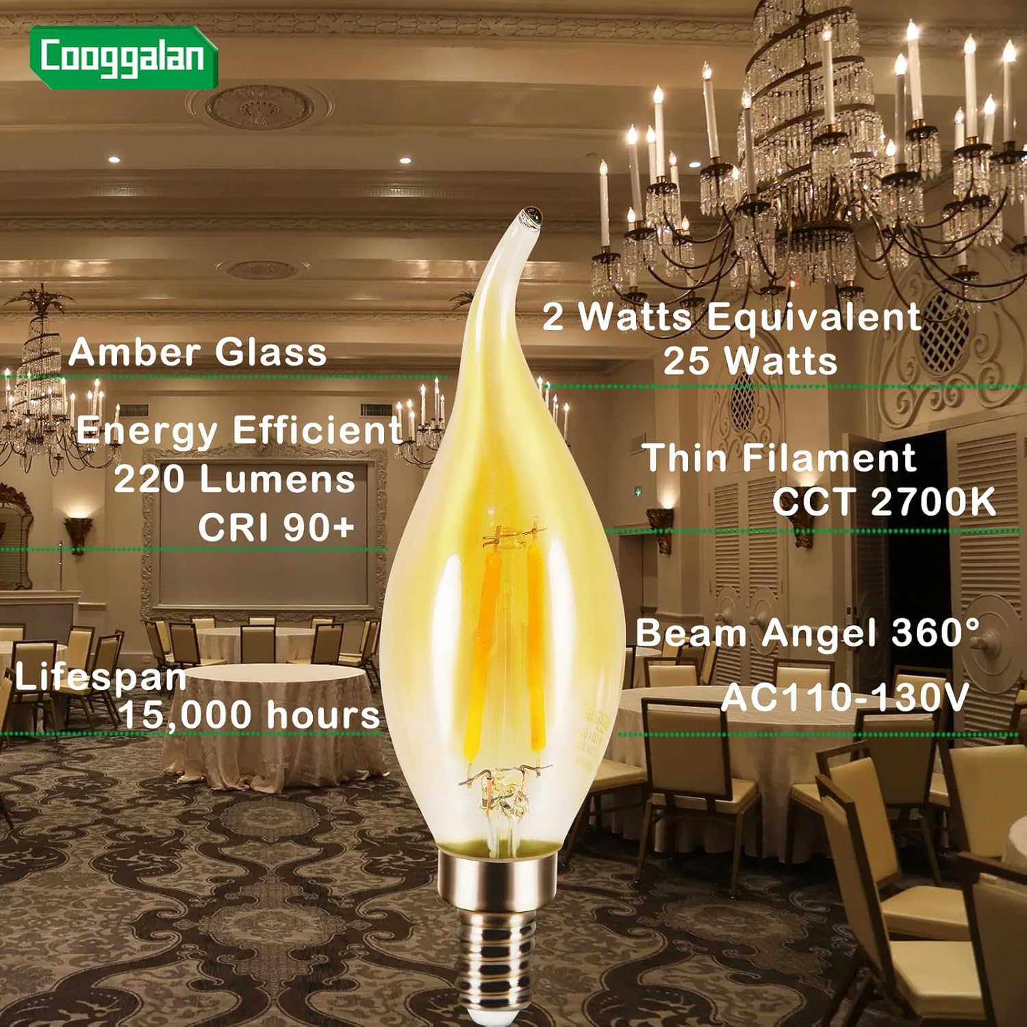 E12 Amber Candelabra LED Light Bulb Dimmable, 25 Watts Equivalent Flame Tip Chandelier Light Bulbs CA11 2W, Filament Decorative Vintage Candle Bulb, Warm White 2700K, CRI 90, 12 Pack