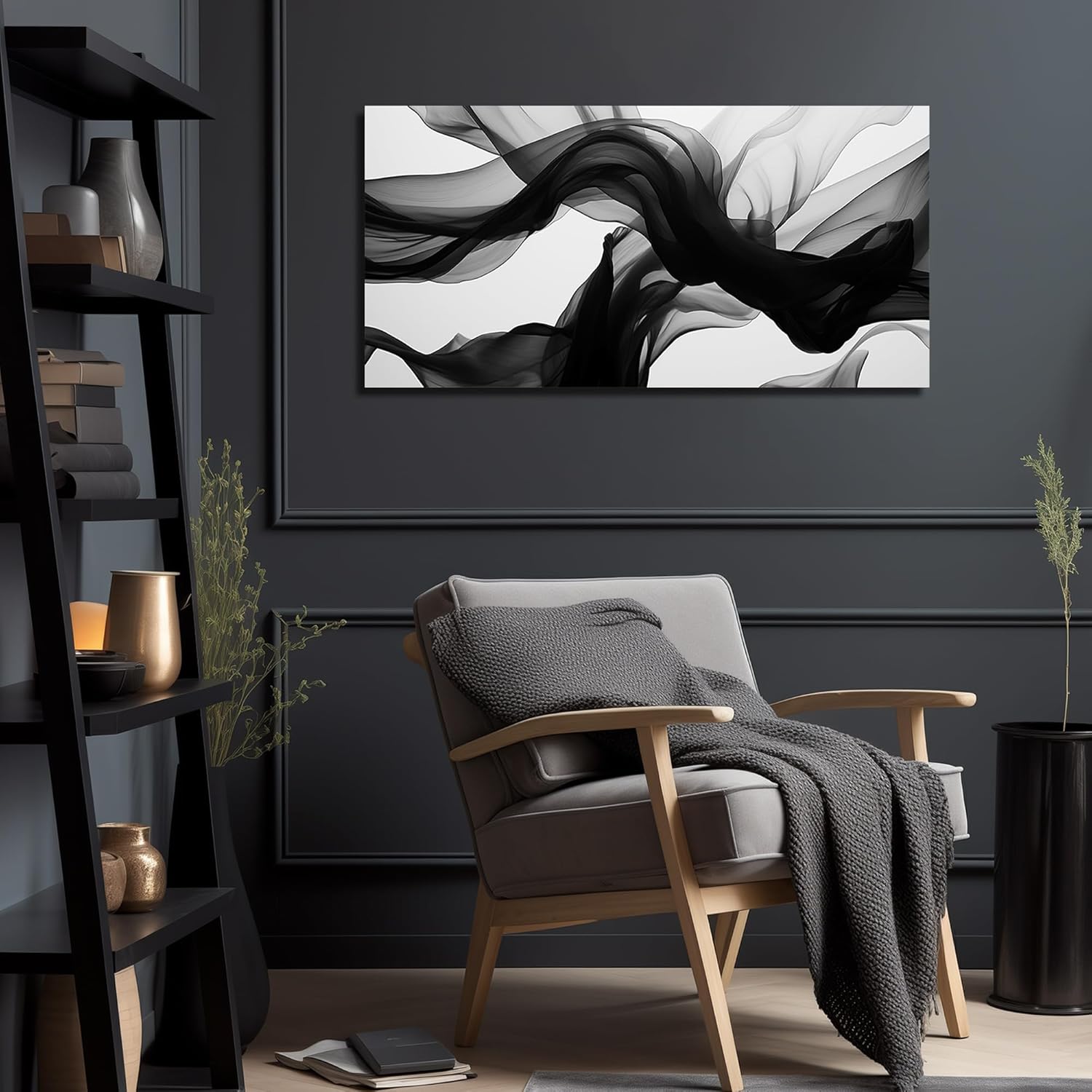 DNIEOTU Abstract Wall Art for Living Room, Black White and Gray Canvas Wall-Decor for Bedroom, Modern Minimalist Picture Prints for Hallway Office, Size 40 x 20 Inches