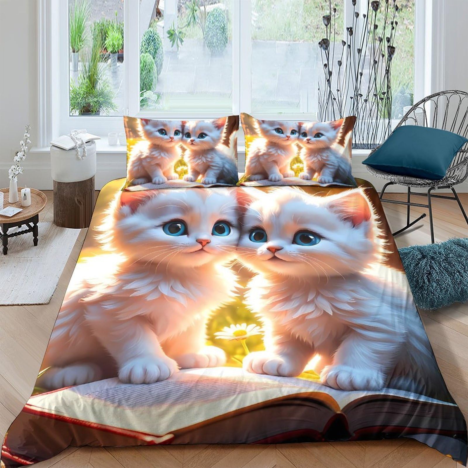 Housse de Couette Chat Impression 3D Ensemble Literie Enfant Doux