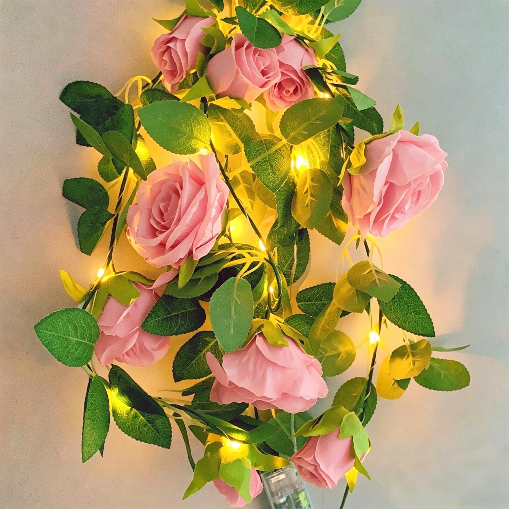 Fielegen 6.56 Feet Artificial Flower String Lights Battery Operated Fake Rose Vine Floral Garland with 20 LED Fairy Lights, Silk Hanging Pink Rose Flower Vines for Garden Wedding Backdrop Table Decor — image 1