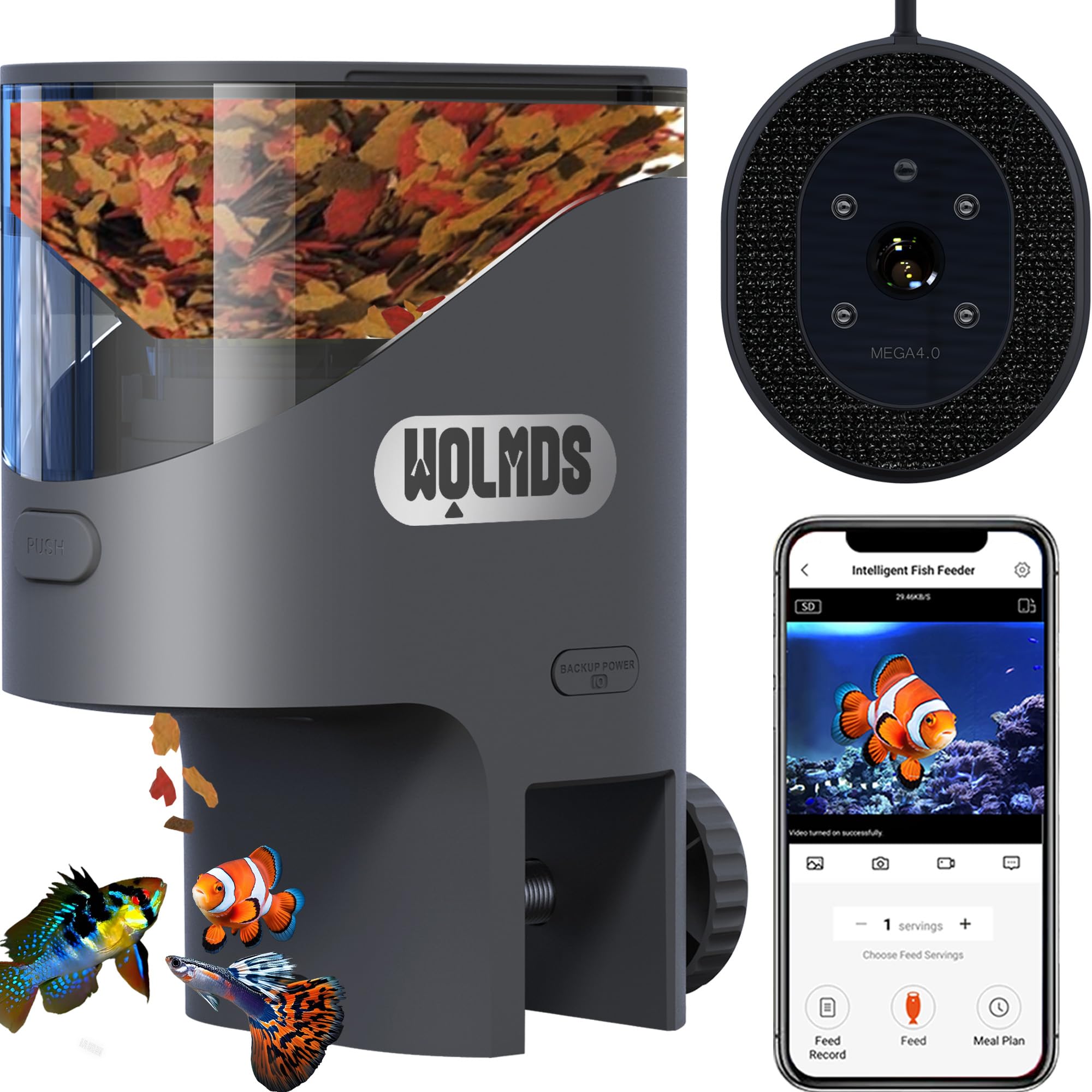Distributore Cibo Pesci Automatico WiFi con Telecamera 2.5K HD, Mangiatoia Smart App 2.4G/5G, Dosaggio 0.2g/0.6g, Bianco
