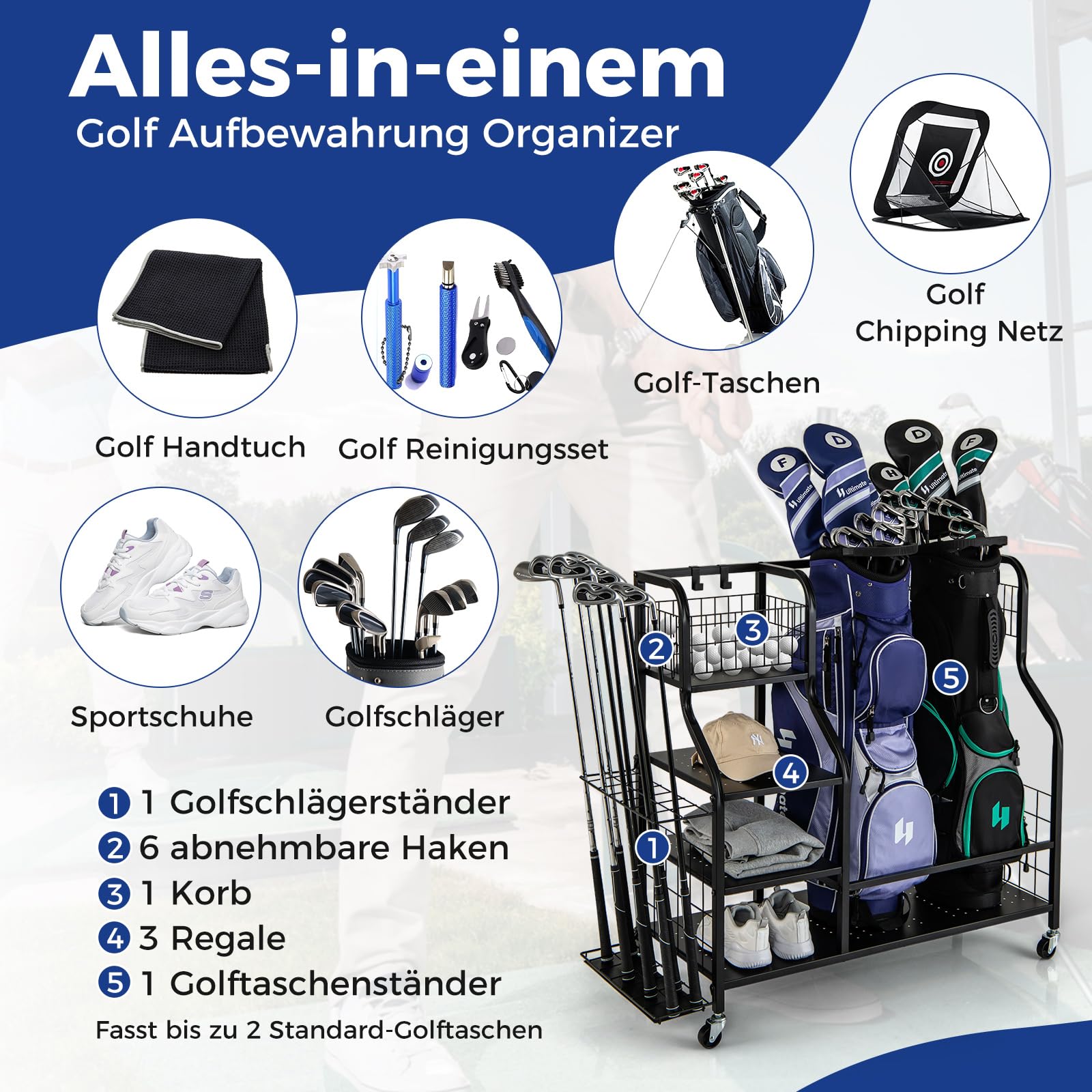 COSTWAY Organizer do kijów golfowych 4 w 1, organizer na kije golfowe z rolkami, na 2 torby golfowe i akcesoria golfowe, regał na torby golfowe z hakiem i koszem na piłeczki golfowe i 3 półki z metalu