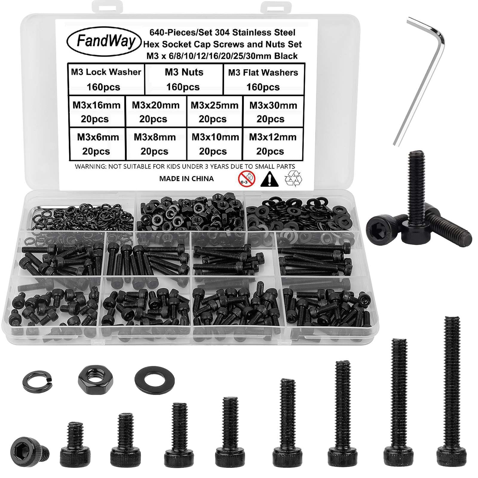 FandWay 640Pcs M3 Bolts and Nuts Set,Black Hex Socket Cap Machine Screws, Allen Screws 304 Stainless Steel,Allen Bolt Nut and Flat & Lock Washers Assortment,Internal Hex Drive Fully Threaded With Key.