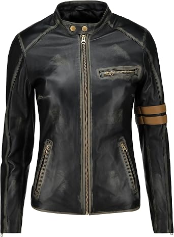 Jild Vintage Cafe Racer Genuine Leather Jacket Women - Distressed Leather Moto Biker Style Slim Fit Motorcycle Jacket Women