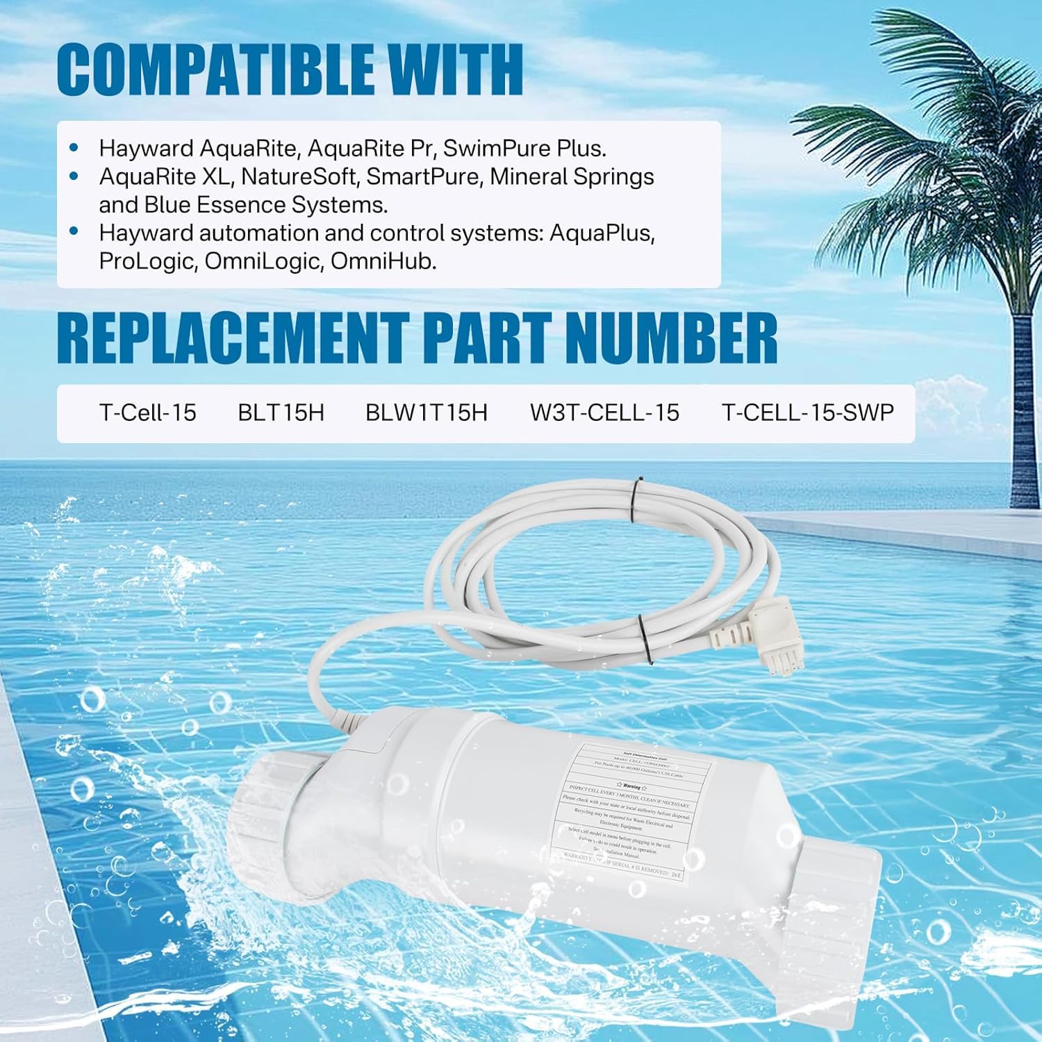 AUGMIRR T-Cell-15 - Sistema de clorador de piscina de agua salada de 40,000 galones para piscina enterrada compatible con Hayward TurboCell T-15 Aquarite Omnilogic Reemplaza la celda T-15 W3T-CELL-15