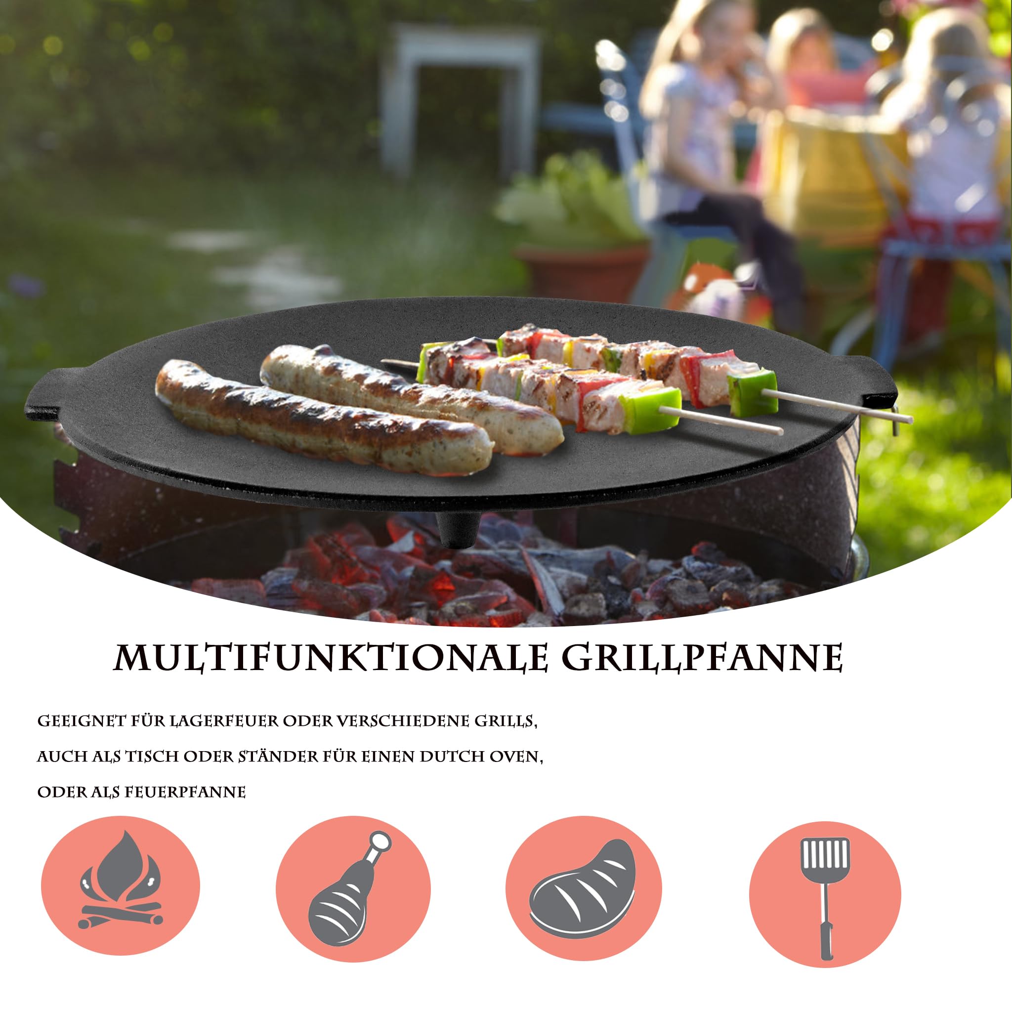 ACXIN Płyta grillowa z 3 nogami, patelnia grillowa Ø 45 cm, okrągła patelnia, wyprodukowana z żeliwa, wytrzymała i odporna na wysokie temperatury, dostarczana z przenośną torbą do przechowywania
