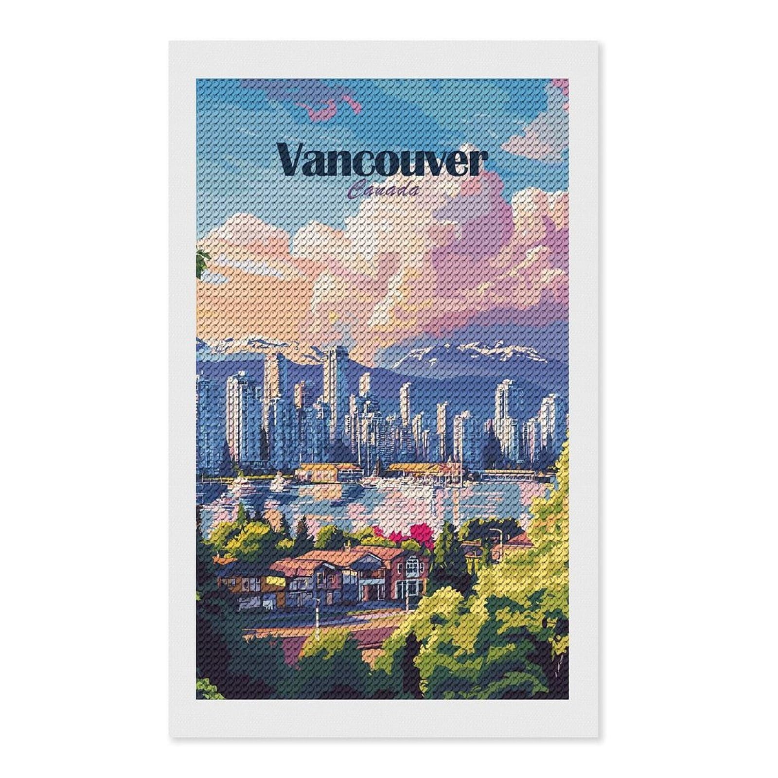 Junmoney Vancouver Skyline Diamond Painting Canvas Kit 12"x20", Round Gems, Living Room Decor, Seasonal Gift Choice, Modern Decor
