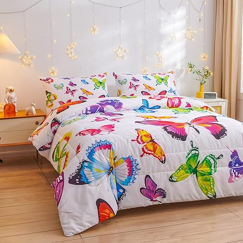 Miniatura 3 de Juego de edredón de mariposa, patrón para niños y niñas, juegos de edredón decorativos con 2 fundas de almohada, tamaño Queen