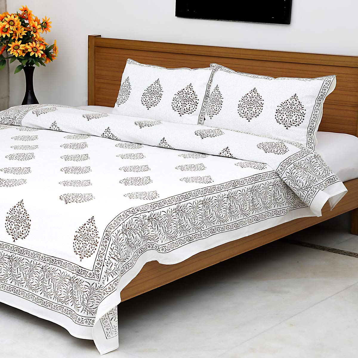 Home Evolution Khadi Block Printed 3 Piece Bedding Set - King (108 X 108 Inch) - White/metallic Bronze