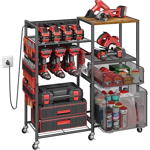 Large Power Tool Organizer Cart with Charging Station, 6 Slots for Cordless Drill Holder with Drawers, Rolling Storage Cart with 8 Power Outlet Heavy Duty Garage Organizer with Wheels Gift for Men