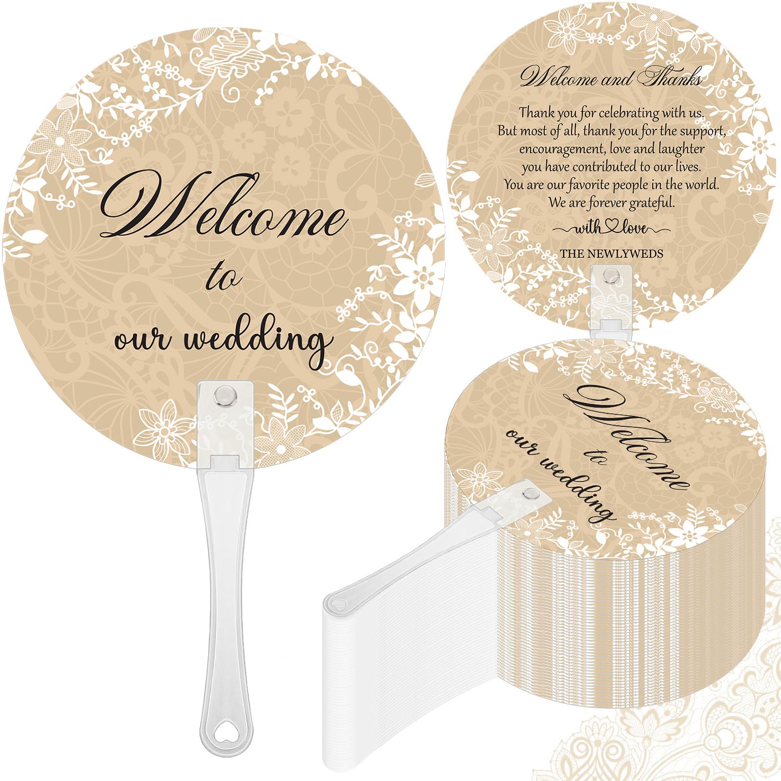 100 Stück Hochzeitsfächer für Gäste, Großpackung Willkommen bei unserer Hochzeit, Kunststoff-Handfächer für Zeremonie, Brautparty, Party, Dekoration, Willkommensbeutel, Füllmaterial (Spitze)