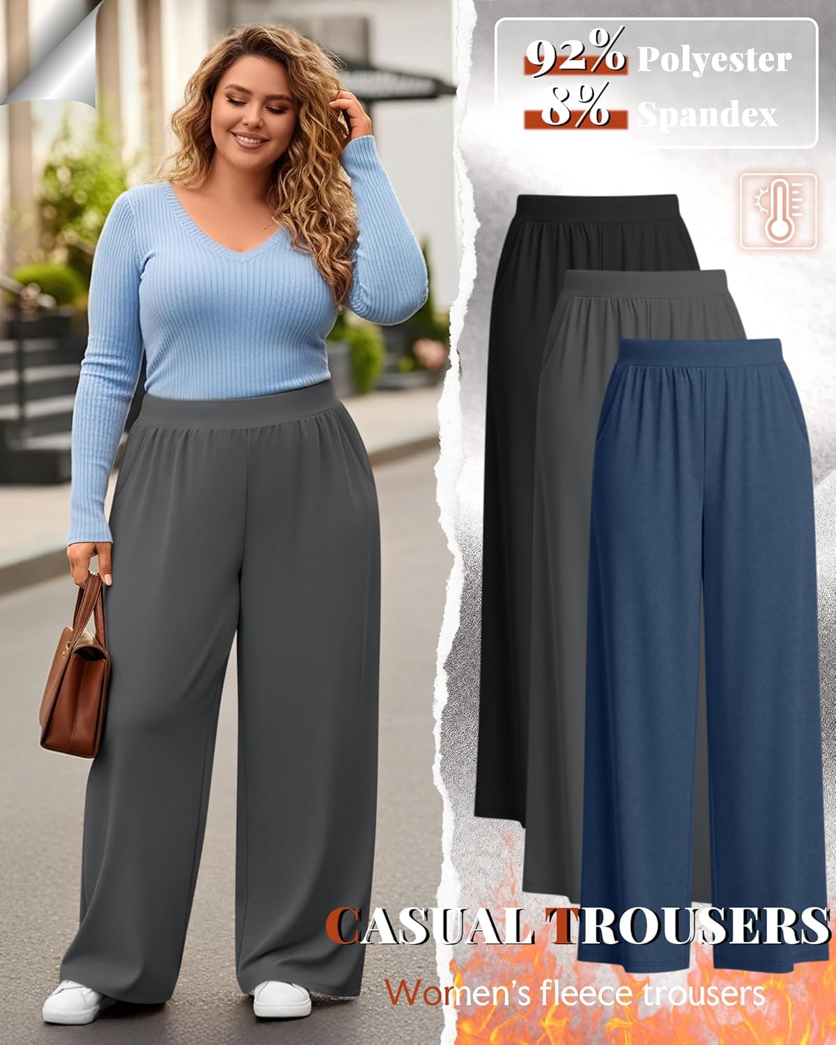 3 Pack Women's Plus Size Fleece Sweatpants Wide Leg Thermal Lounge Pants Pockets Elastic Waist Warm Trouser Jogger - Image 5