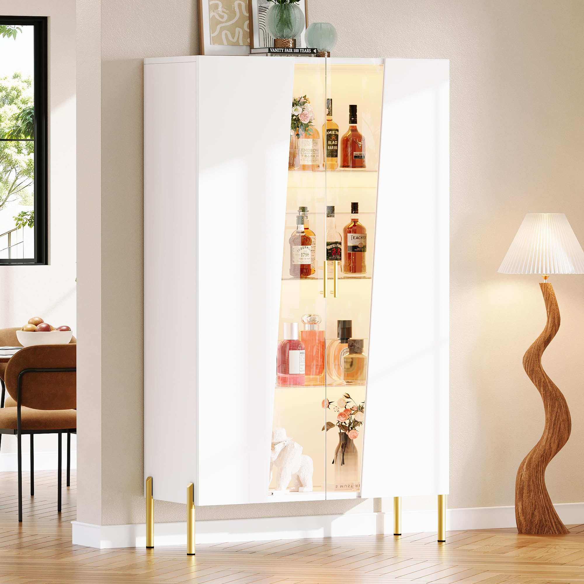 TIZZ Armadio in vetro 72 x 40 x 145 cm, con porta asimmetrica in vetro temperato, 3 ripiani in vetro, maniglia in metallo e piedini in metallo, come vetrina, per sala da pranzo, libreria, colore
