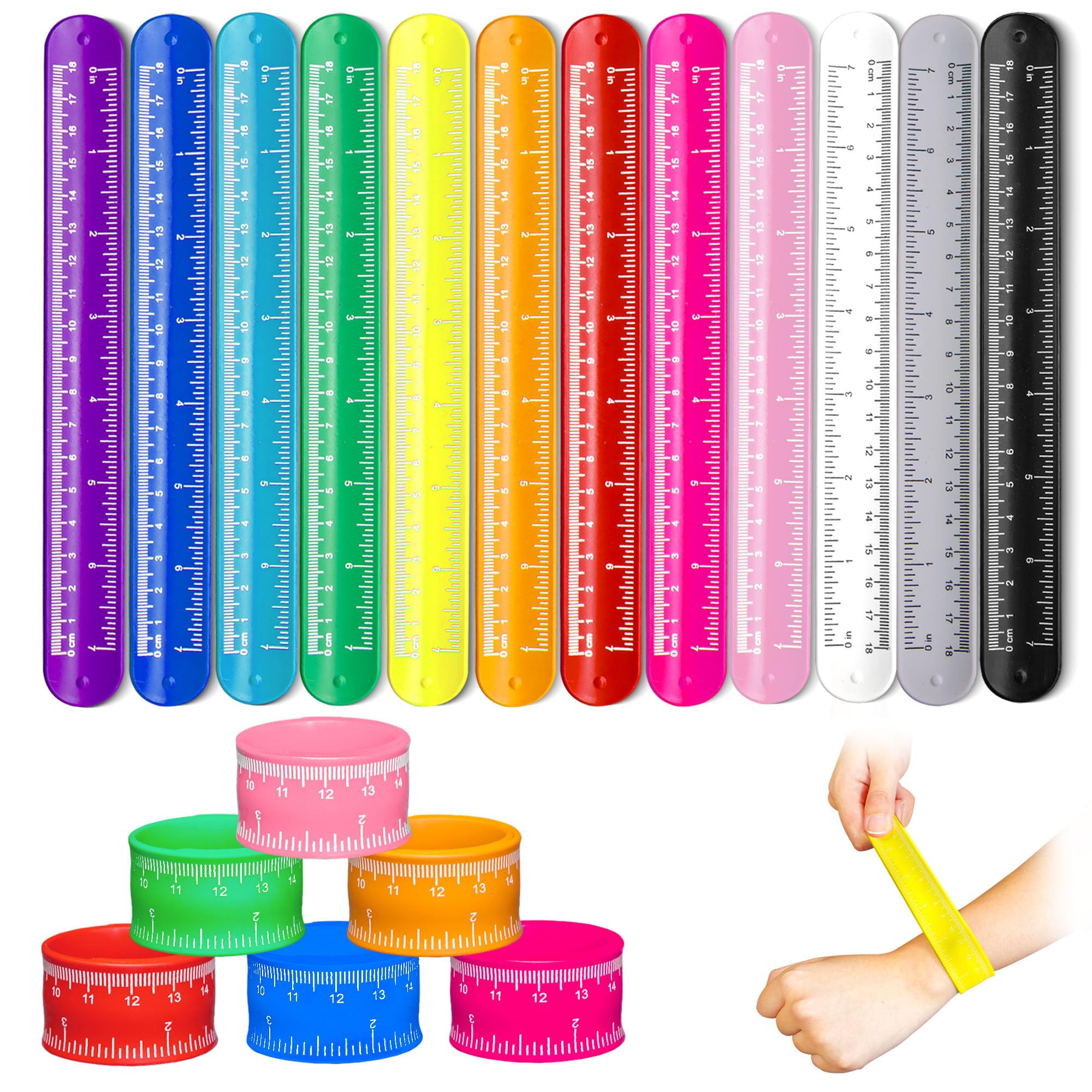 NOVELTY PLACE Ruler Slap Bracelets Silicone Wristband, 12 Colors Silicone Snap Bracelets with Scale for Adult Kids Classroom School Craft Activity Prize Gift Party Costume (Pack of 12)