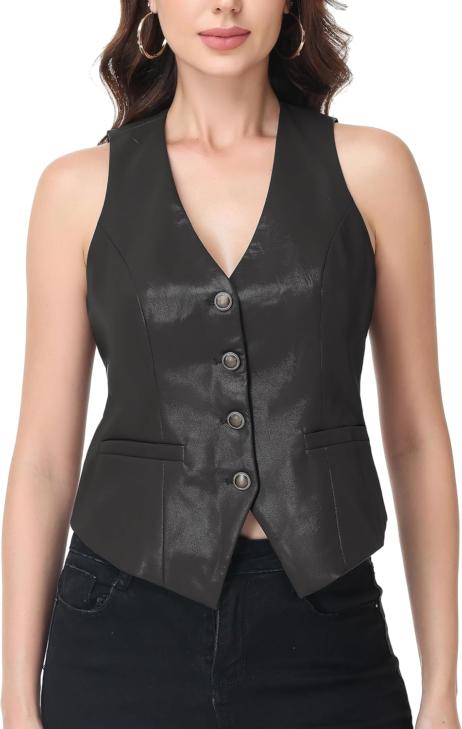 CFRTMTBB Women's PU Leather Vest Top Button Down V Neck Sleeveless Business Casual Jacket Vest Waistcoat