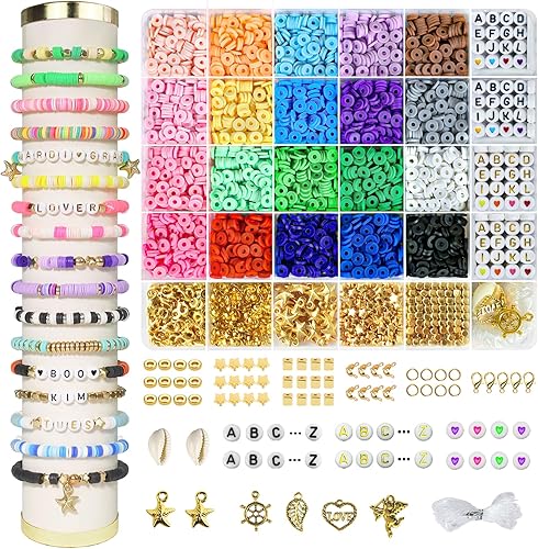 Redtwo Kit de 3400 pulseras de cuentas de arcilla, kit de pulsera de la amistad para hacer joyas, cuentas Heishi de polímero plano con dijes, regalo