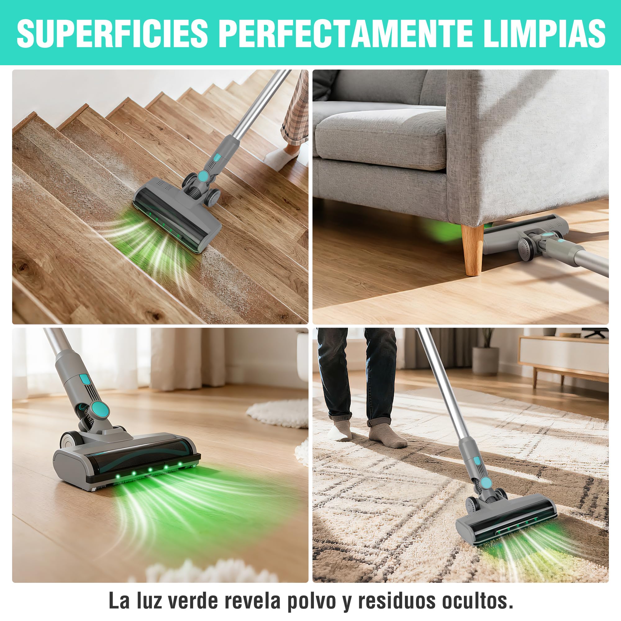 HAUSHOF Aspiradora Escoba sin Cable con Base de Autovaciado | Aspirador Vertical 3 en 1 de 24kPa y 250W con Cepillo en V, Luz LED Verde, Fragancia y Modo Nocturno para Pelo de Mascotas