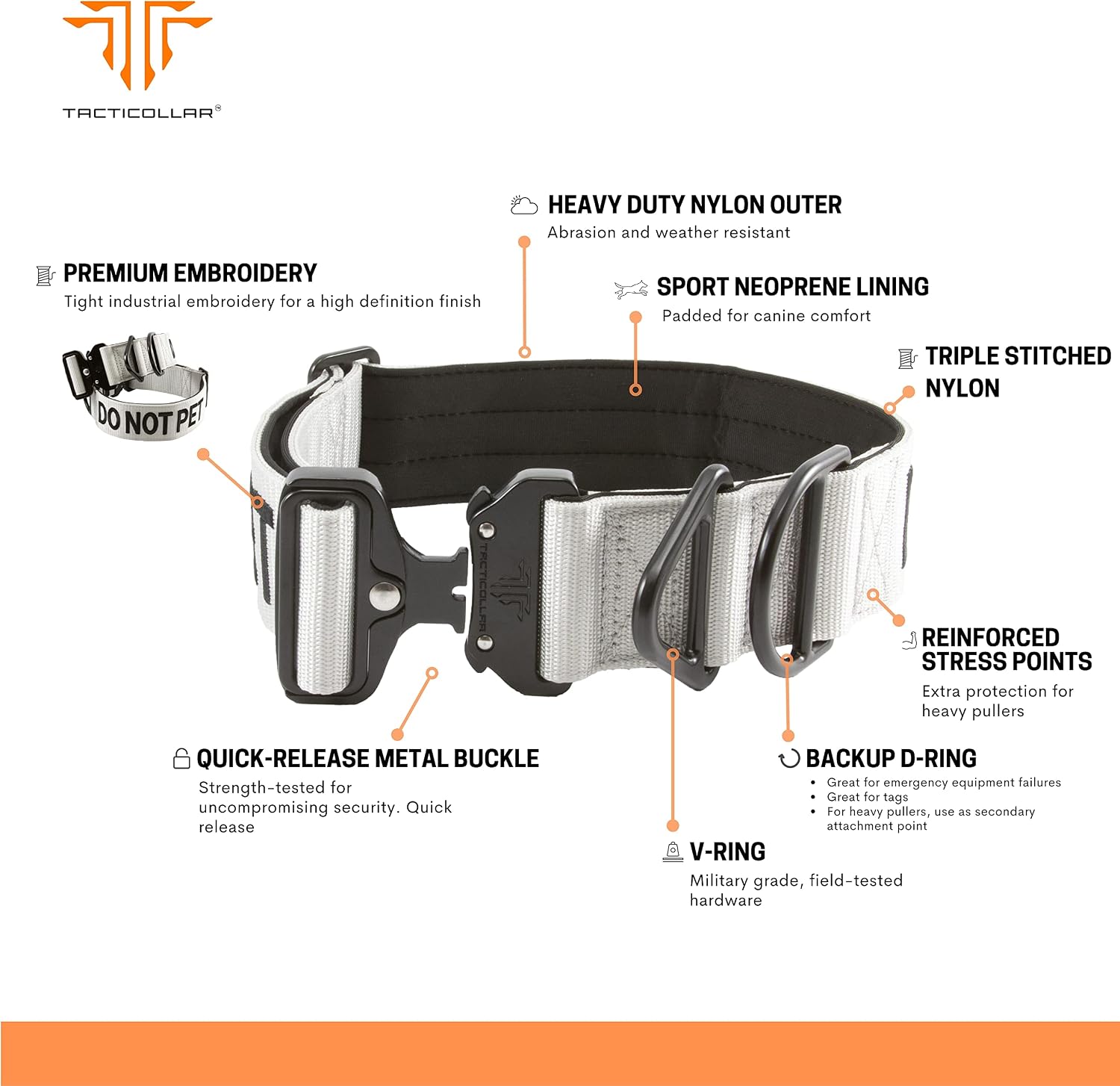 Tacticollar - DO NOT PET, 2 inch Nylon Collar for Medium and Large Dogs, Neoprene Padded Inside, Communicate Your Dogs Needs to Prevent Accidents (Gray Medium)