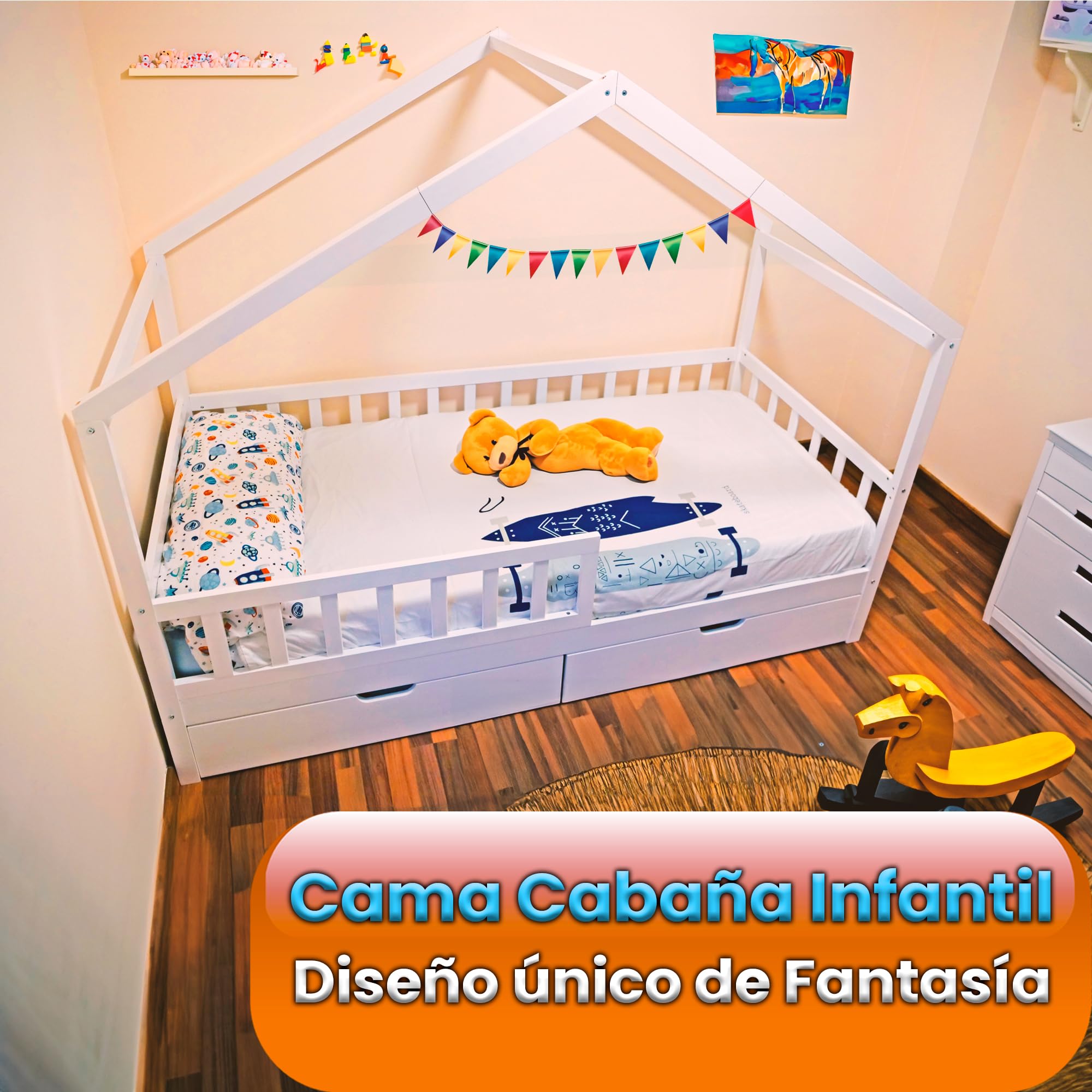 Unicview Cama Infantil Estilo cabaña de Madera Maciza con 2 cajones, Valla y somier, 90 x 200 cm, Color Blanco (sin colchón)
