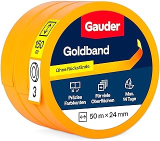 GAUDER Goldband Malerkrepp aus Premium-Washi für präzise Farbkanten - Maler Klebeband rückstandsfrei - Kreppband und Abdeckband - Malerband Masking Tape - Abklebeband Maler (3 Rollen - 24 mm x 50 m)