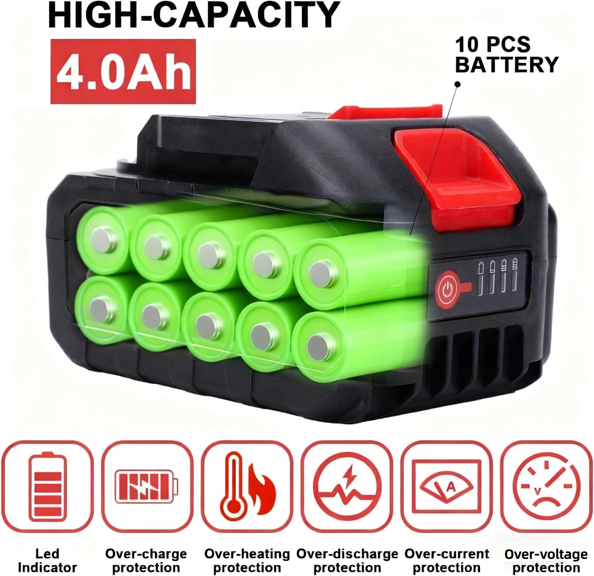Batteria al litio da 21 V - 4,0 Ah Batteria di ricambio con indicatore LED compatibile con soffiatore per foglie e mini motosega senza fili da 4 pollici/6 pollici