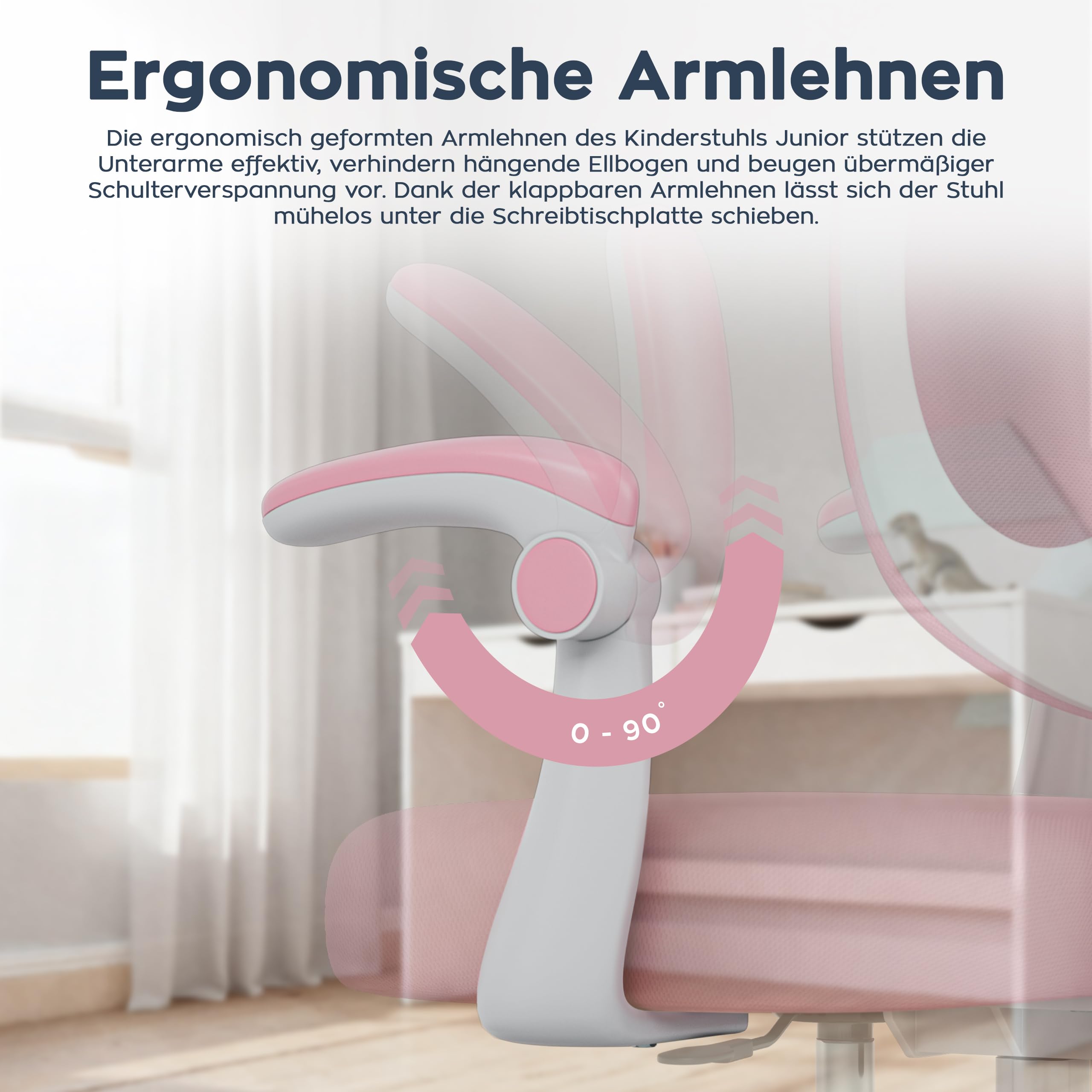 MARK ADLER Schreibtischstuhl Kinder ab 6 Jahren Junior 4.6 – Ergonomischer Kinderstuhl mit Fußstütze – Drehstuhl Höhenverstellbar – Verstellbare Rückenlehne & Klappbare Armlehnen – Rosa