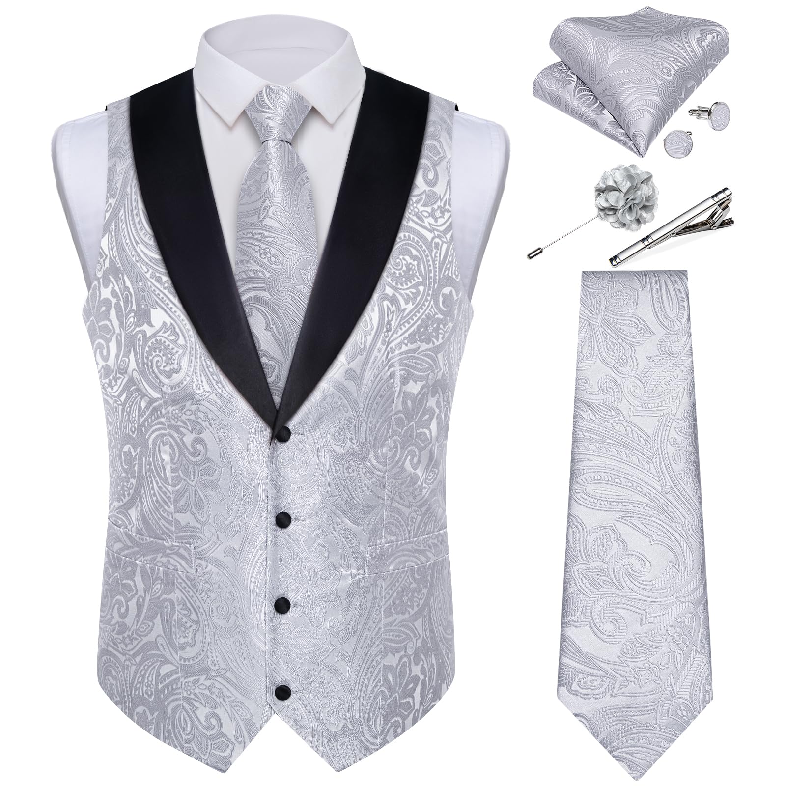 DiBanGu Mens Paisley Suit Vest Silk Jacquard Waistcoat and Necktie Set Formal Shawl Collar Dress Vest 7PCS for Wedding Party