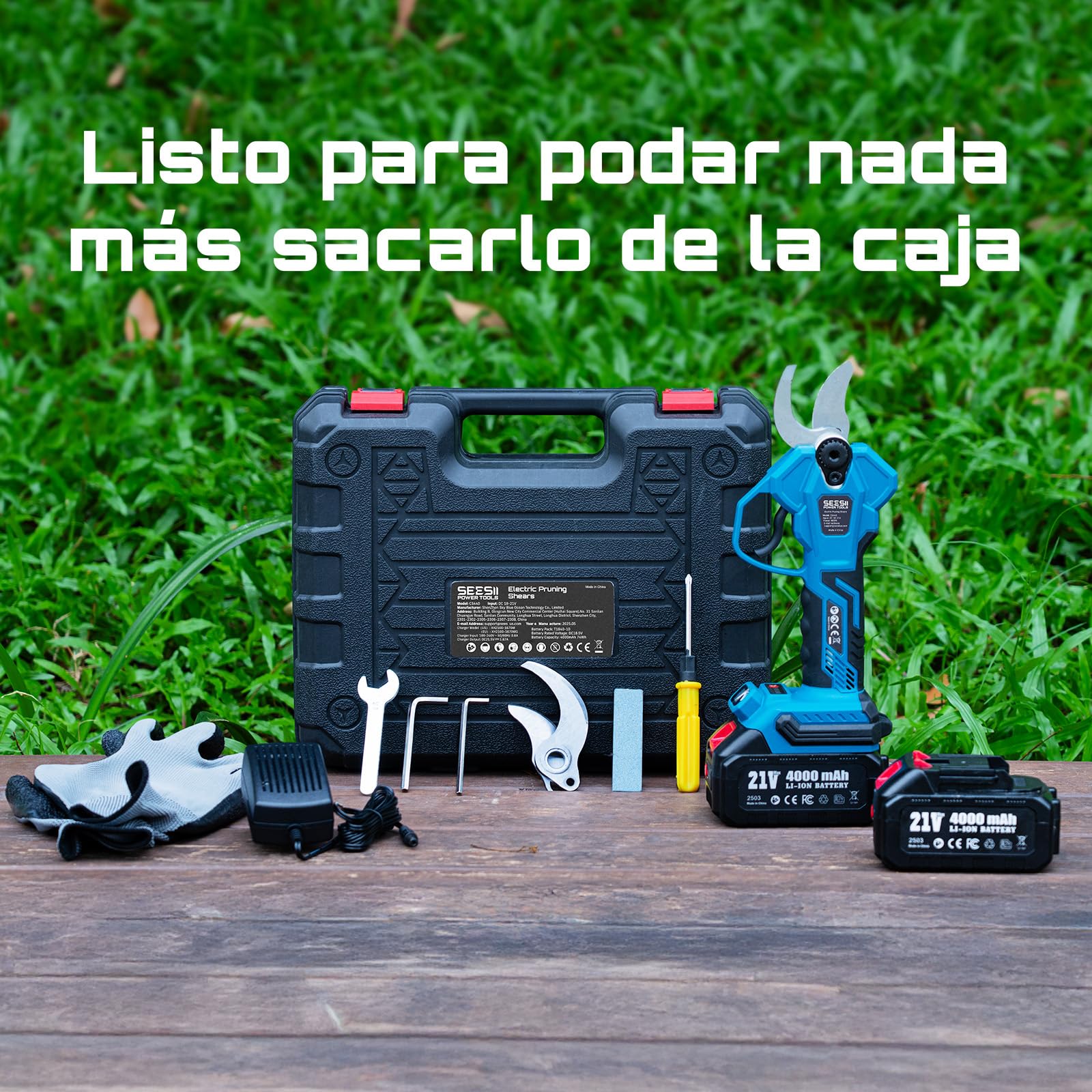 SEESII Tijeras de Podar Eléctricas 40 mm – Tijeras de Podar Batería con 2 * 4000 mAh, Hoja SK5, Motor sin Escobillas, Pantalla LCD para Jardinería, Paisajismo y Huertos, CS440