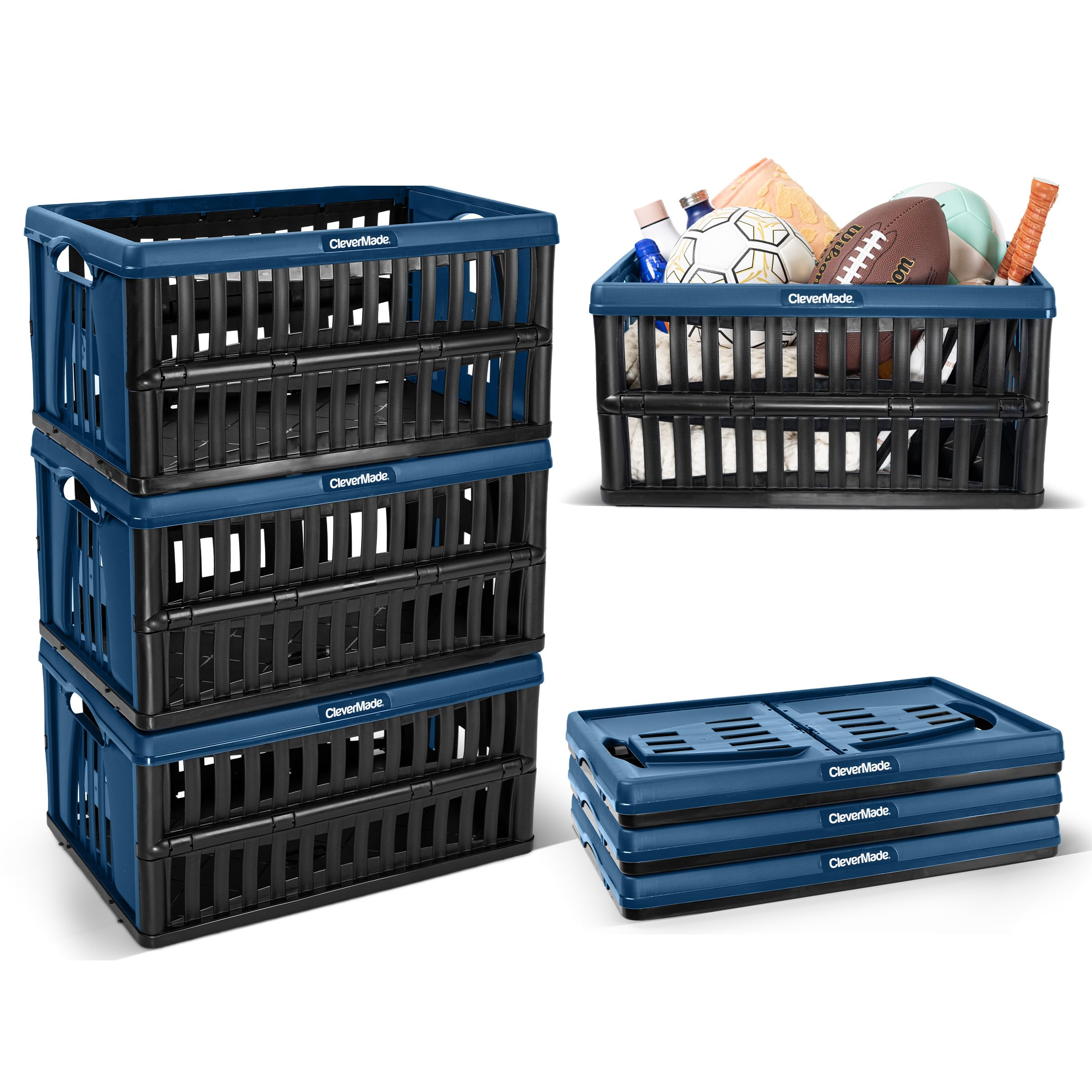 CleverMade Collapsible Utility Crates For Storage, 60L 3 Pack, Ocean