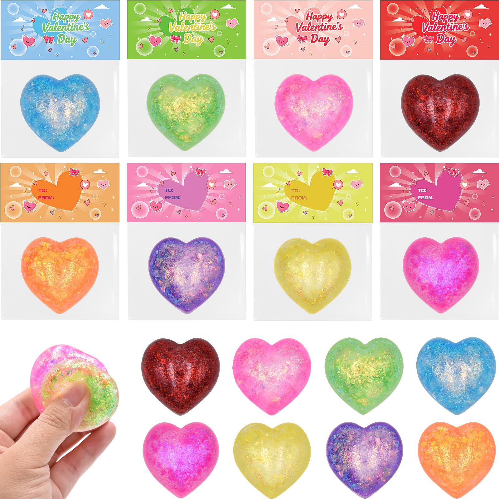 16 Pack Valentines Cards with Hearts Stress Balls Squishy Squeeze Toys for Kids School Classroom Valentines Card Prizes Party Favors Gifts