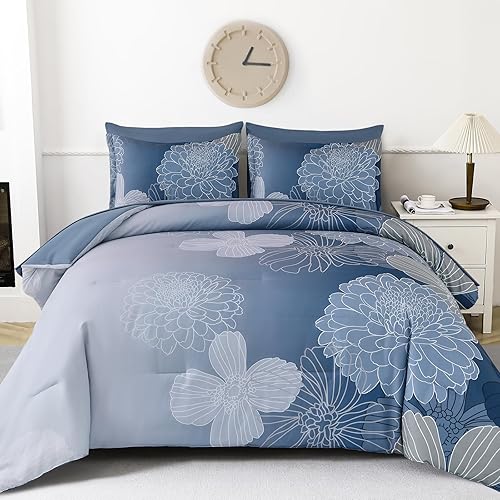 Floral Comforter Set King Size, 7 Pieces Blue Gradient Flower Pattern Comforter,Soft Microfiber Complete Bedding Sets Boho Comforter Set for All Season