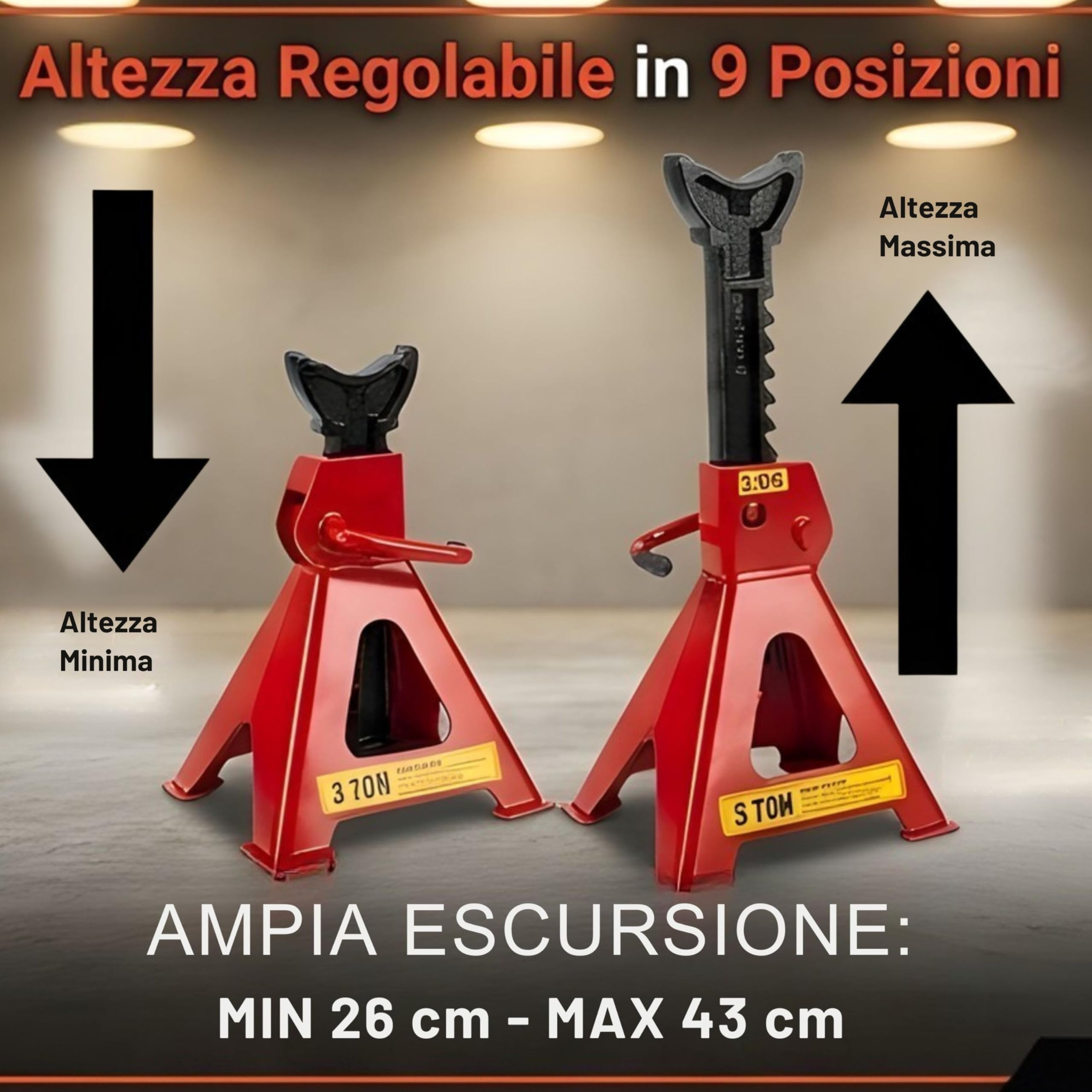 Yasta 2X Coppia Cavalletti Auto E Moto 3 Tonnellate Cambio Gomme | Sollevamento Veicoli, Doppio Blocco Perno Di Sicurezza, Altezza Regolabile 9 Livelli, Per SUV Furgoni Officina