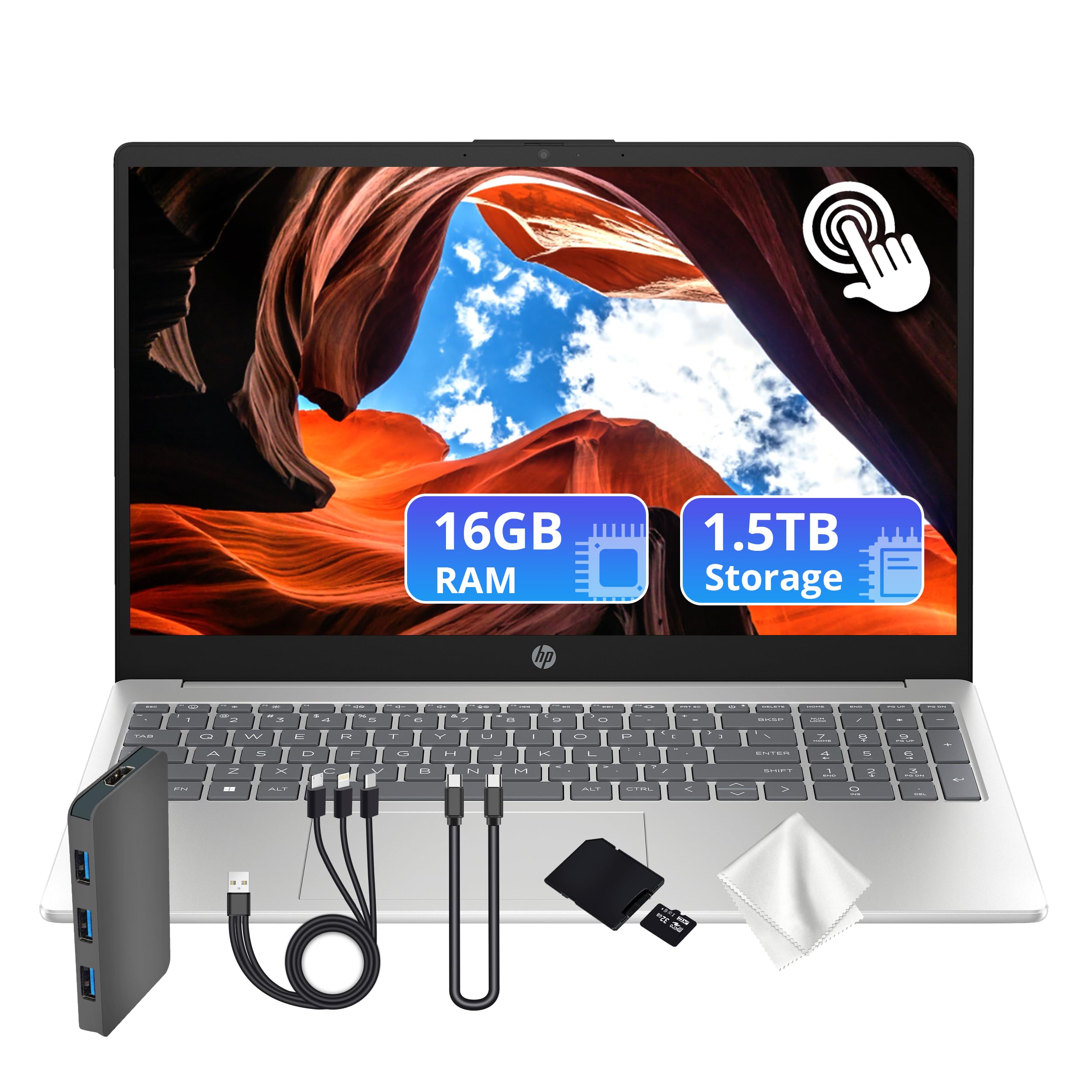 HP 15.6" FHD Touchscreen Laptop, Intel Core Ultra 5 125H, Intel Arc Graphics, 16GB RAM, 1.5TB Storage (512GB SSD&1TB Docking Station Set), Numeric keypad, Wi-Fi 6, 720p Camera, Win 11, Silver