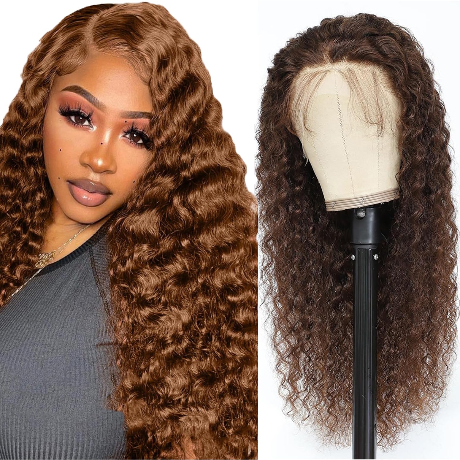 Weeybay 4x4 Lace Front Wigs #30 Light Brown Human Hair Deep Wave Pre Plucked Baby Hair HD Transparent 180% Density 4x4 Lace Frontal Wigs 22 Inch