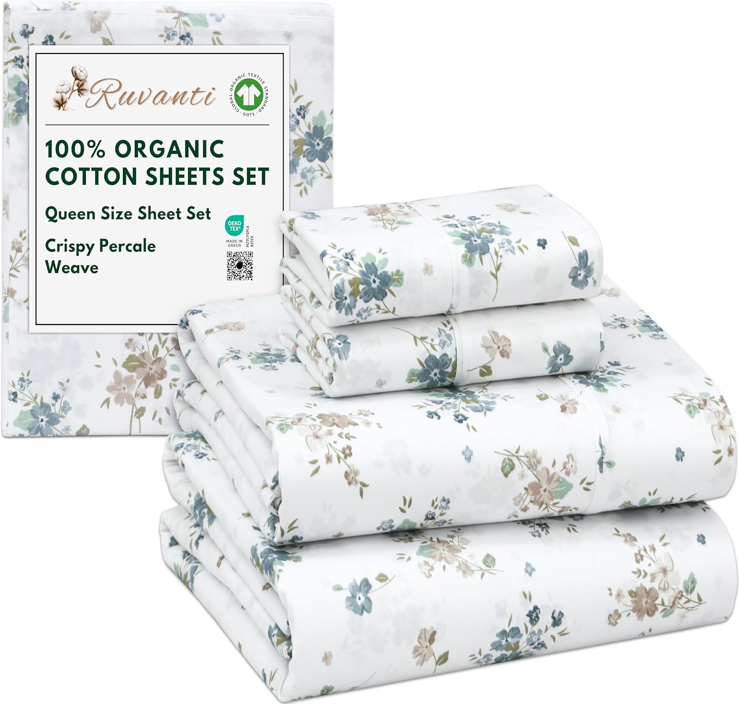 RUVANTI 100% Organic Cotton Sheets Queen Size, Percale Weave, GOTS Certified, 4-Piece Set, Deep Pocket 15", Crisp & Breathable, Soft Durable Bedding, Sábanas Algodón Orgánico – Halcyon