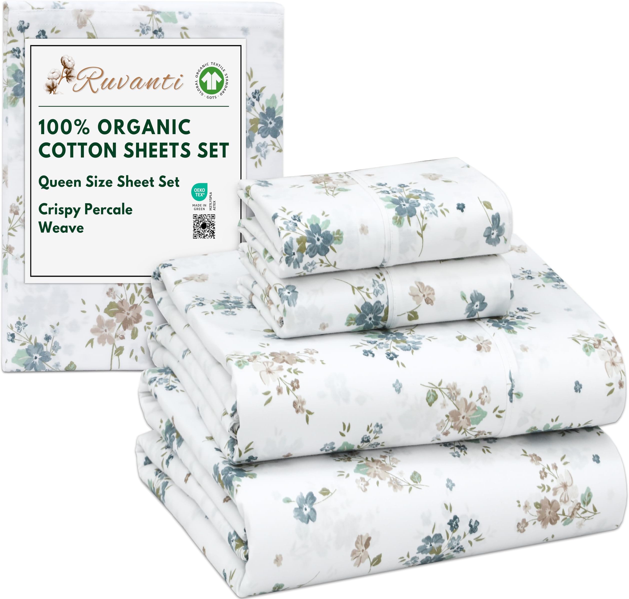 RUVANTI 100% Organic Cotton Sheets Queen Size, Percale Weave, GOTS Certified, 4-Piece Set, Deep Pocket 15", Crisp & Breathable, Soft Durable Bedding, Sábanas Algodón Orgánico – Halcyon