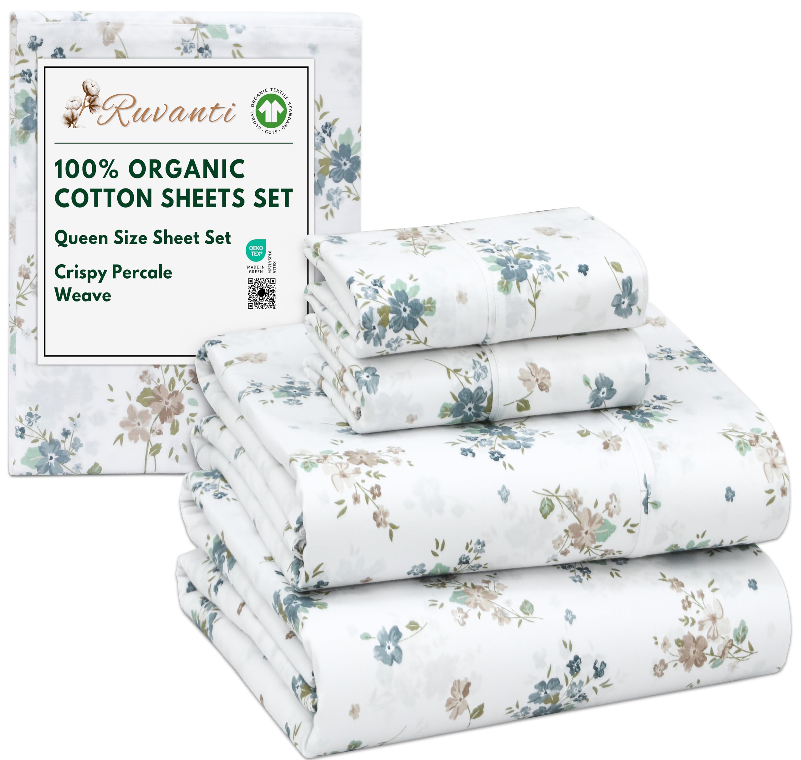 RUVANTI 100% Organic Cotton Sheets Queen Size, Percale Weave, GOTS Certified, 4-Piece Set, Deep Pocket 15", Crisp & Breathable, Soft Durable Bedding, Sábanas Algodón Orgánico – Halcyon