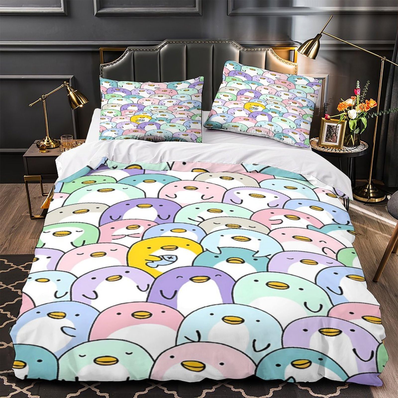 MMDASBVPE Cute Penguin Pattern Comforter Cover 3D Print Hotel Quality 3-Piece Bed Set Hidden Zipper Quilt Cover Extra Soft All Season for Adults Women Kids Girls Boys Teens Youth Double（200x200cm）
