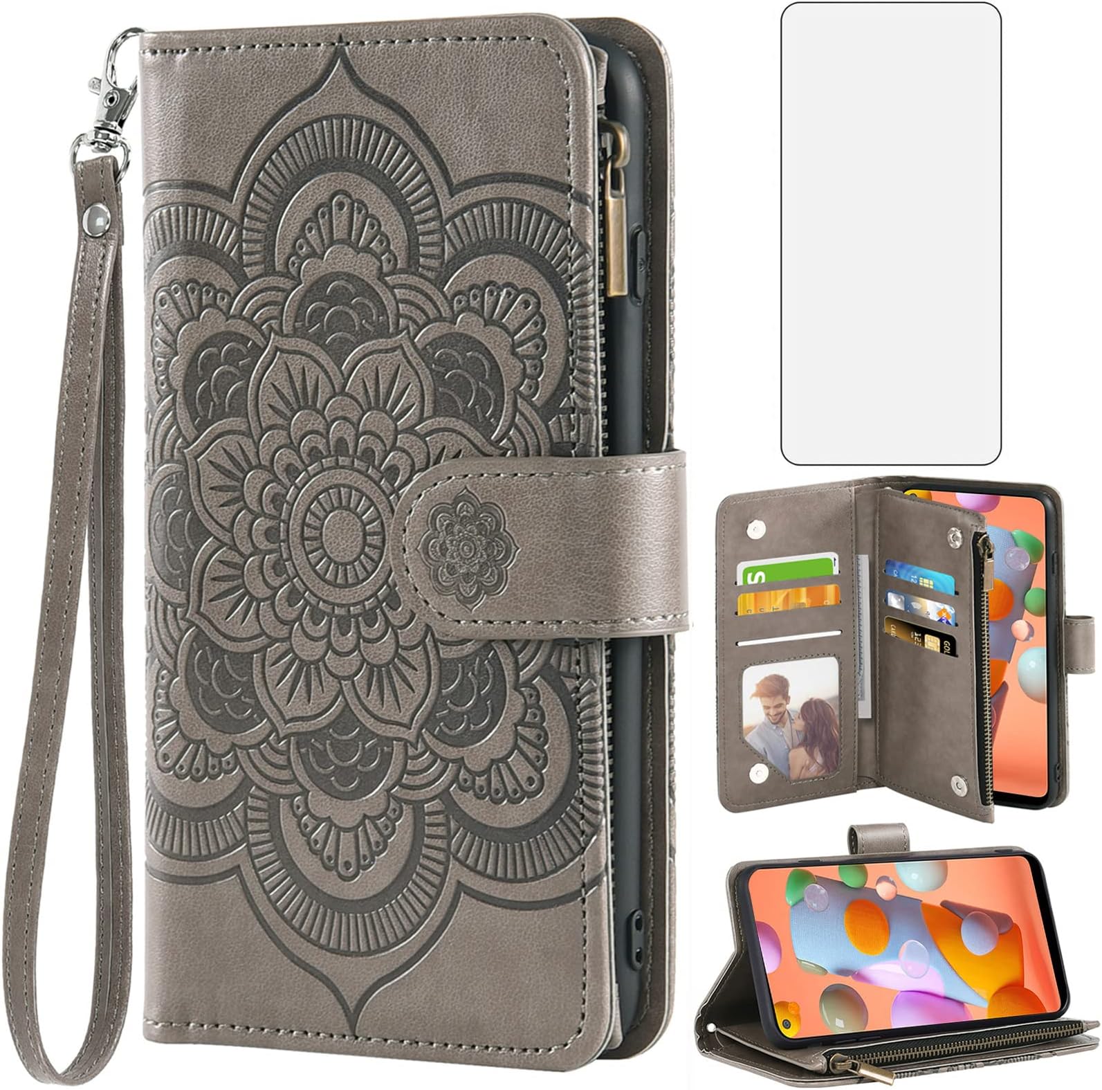 Asuwish Phone Case for Samsung Galaxy A11/M11 Wallet Cover with Tempered Glass Screen Protector and Flower Leather Flip Credit Card Holder Stand Cell Accessories Glaxay A 11 Gaxaly 11A Women Men Grey