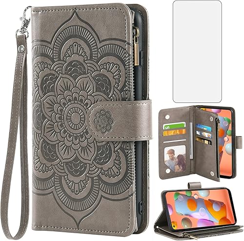 Miniatura 8 de Asuwish Funda de teléfono para Samsung Galaxy A11M11 con protector de pantalla de vidrio templado y cuero de flores, soporte para tarjeta de