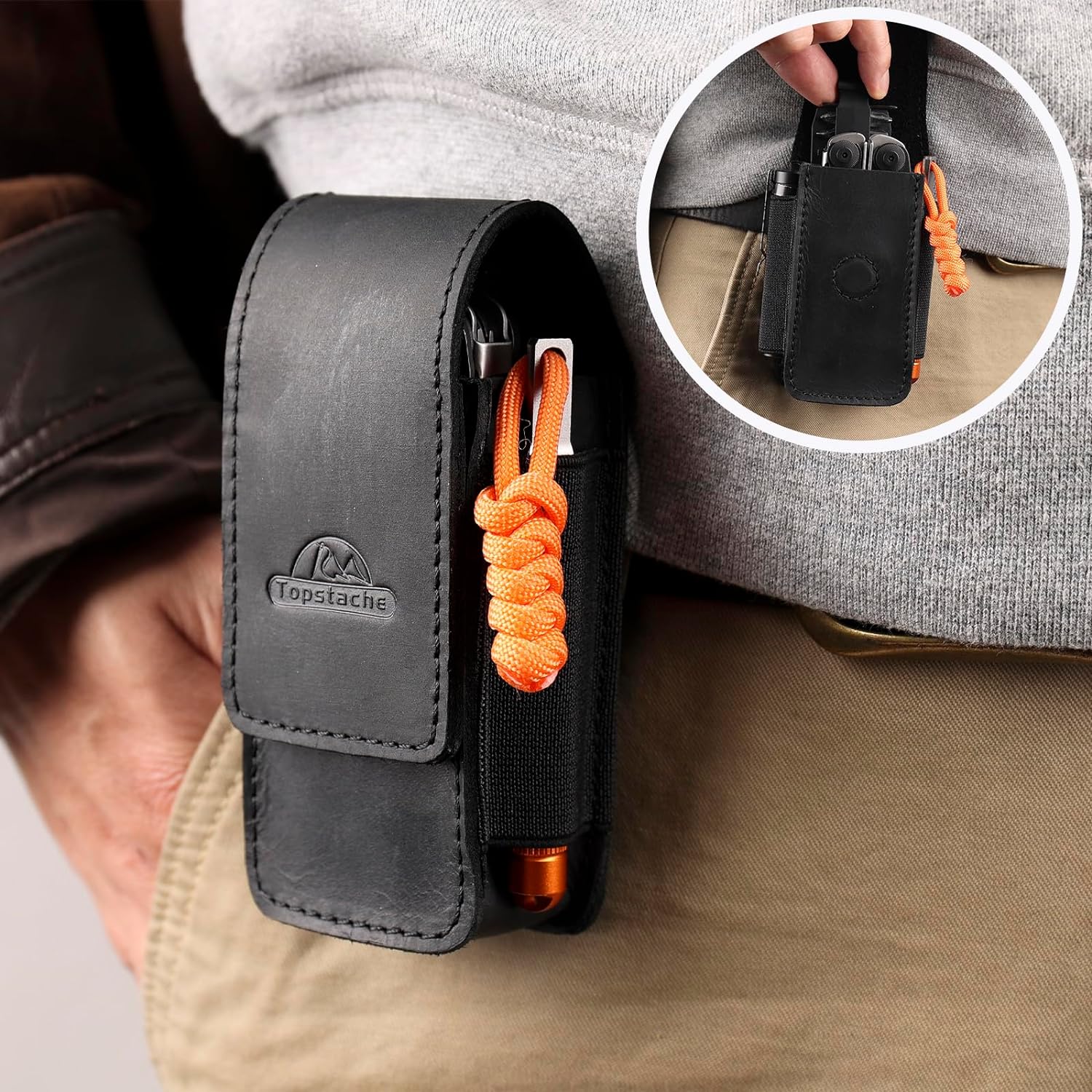 Topstache Leather Multitool Sheath for Belt - Multitool Holster for Belt - Leather Multitool Pouch Fits Folding Tool - Magnetic Closure EDC Belt Organizer - EDC Belt Pouch - Multitool Holder, Black - Image 5