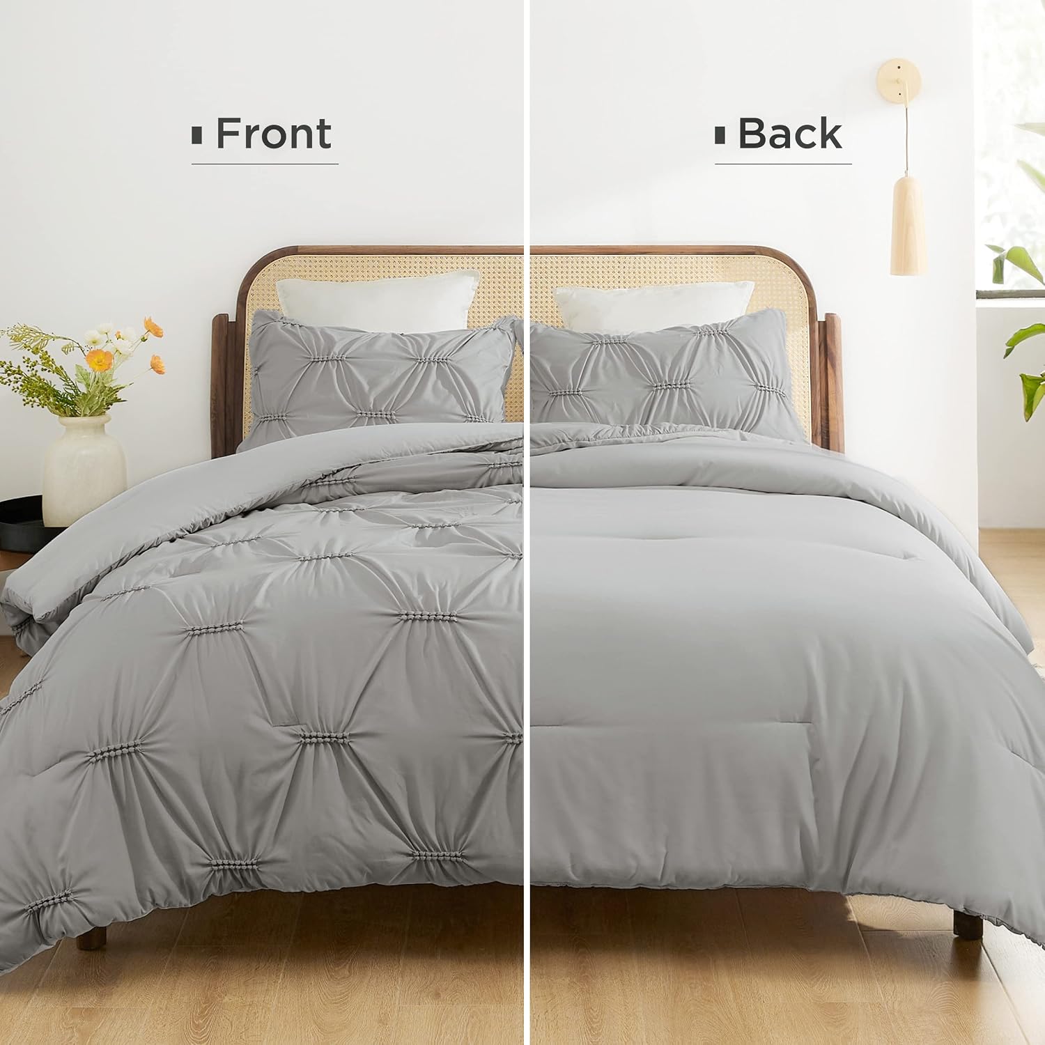 Bedsure Grey Queen Comforter Sets - 3 Pieces Bed Set, Pinch Pleat Pintuck Comforter Bedding Set with Stretchy Embroidery Down Alternative Comforter & 2 Pillow Shams, Kids Comforter Sets
