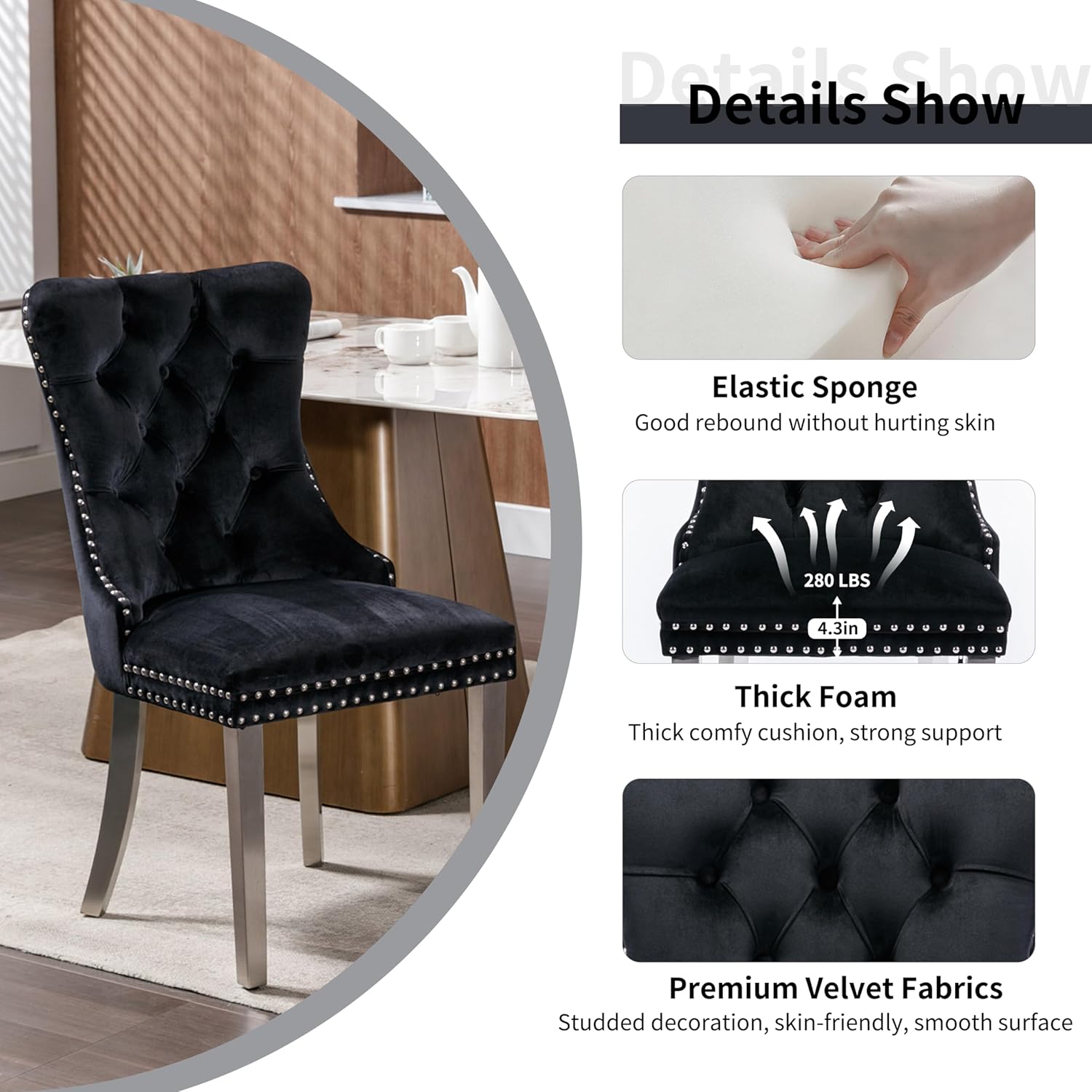 Modern Glass Dining Set for 4, 5 Pieces Silver Luxury Rectangle Dinner Set, 63'' Clear Glass Top Minimalist Kitchen Set, Black High-end Tufted Chairs, for Large Place Living Room