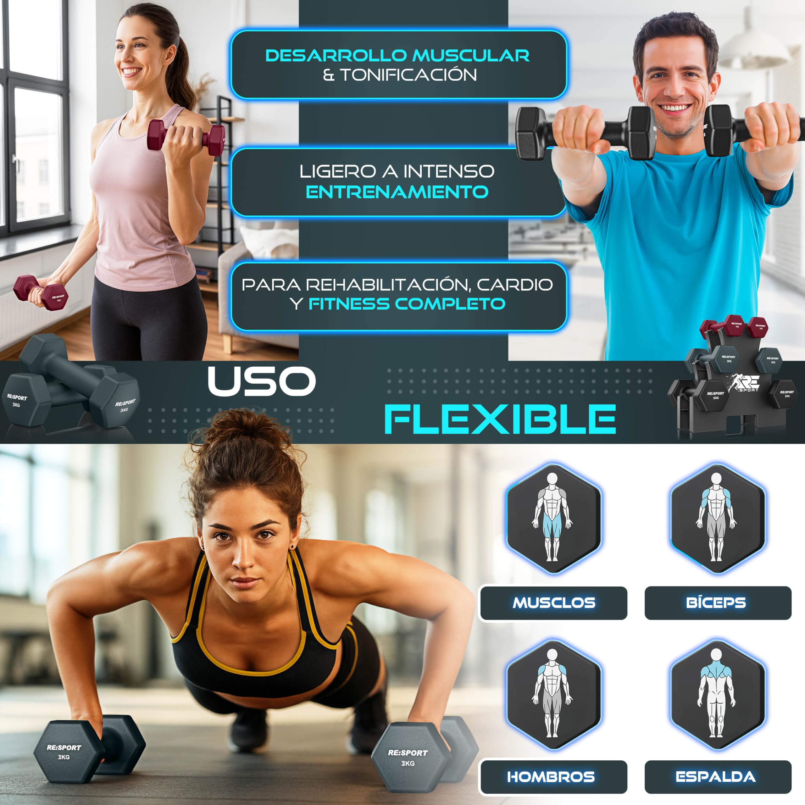 RE:SPORT Juego de mancuernas de 3 pares, 1 kg – 5 kg, 12 kg o 18 kg, con soporte y 3 bandas de fitness, mancuernas antideslizantes de neopreno para hombre y mujer