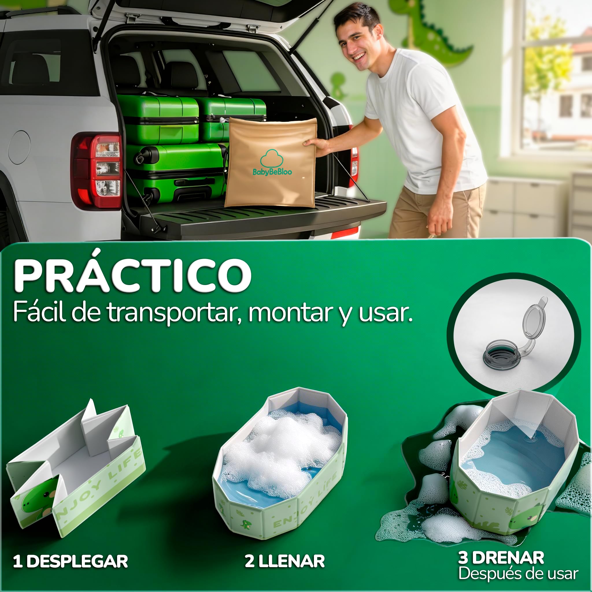 Kit Bañera Plegable Bebe - Bañera Portátil Bebé con Jarra, Bolsa y Accesorios - Bañera Bebé Grande Antideslizante - Plegable Viaje o Plato Ducha - Color Verde